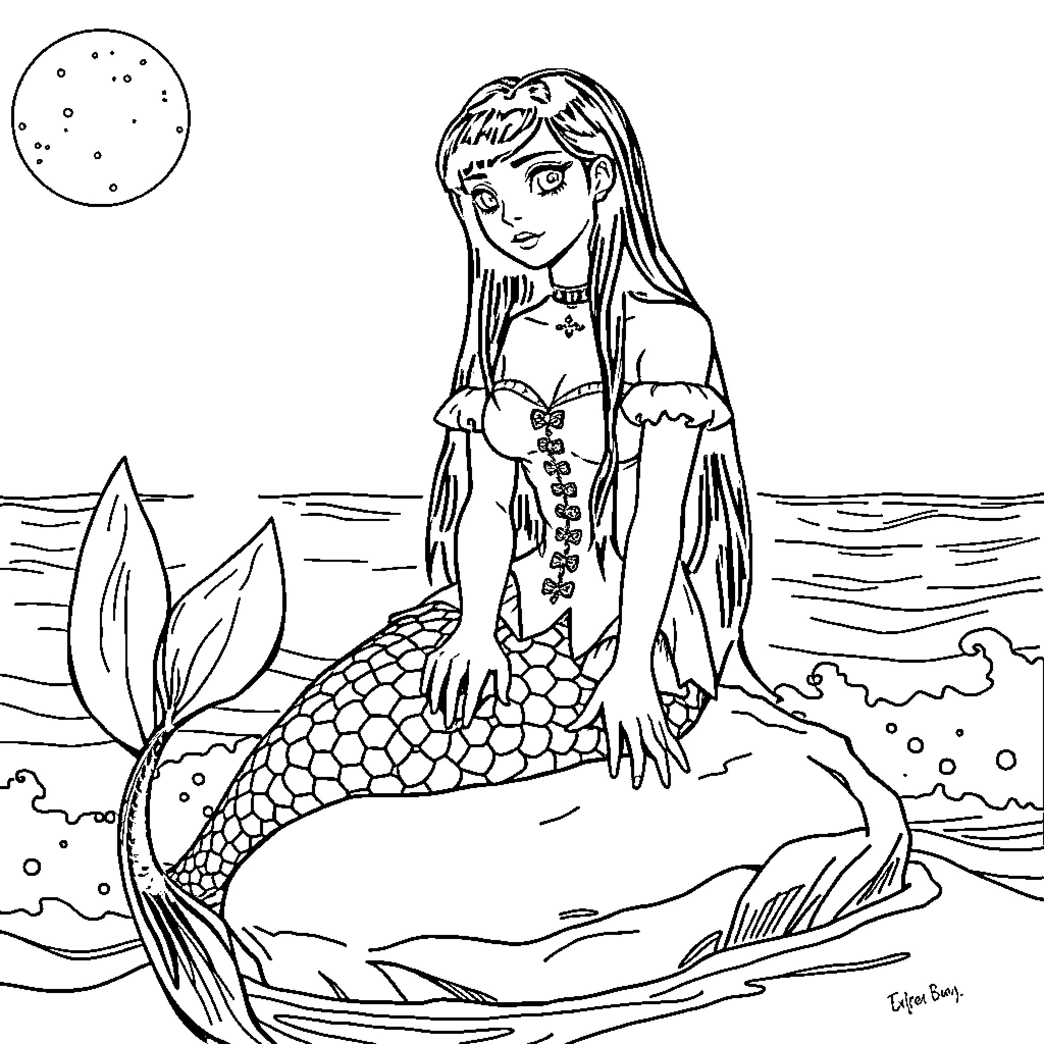 Wednesday mermaid gazing at the moonlit sea Coloring Page (free black-and-white line drawing printable PDF for all, from beginners to advanced learners, including children, teens, adults, and seniors)