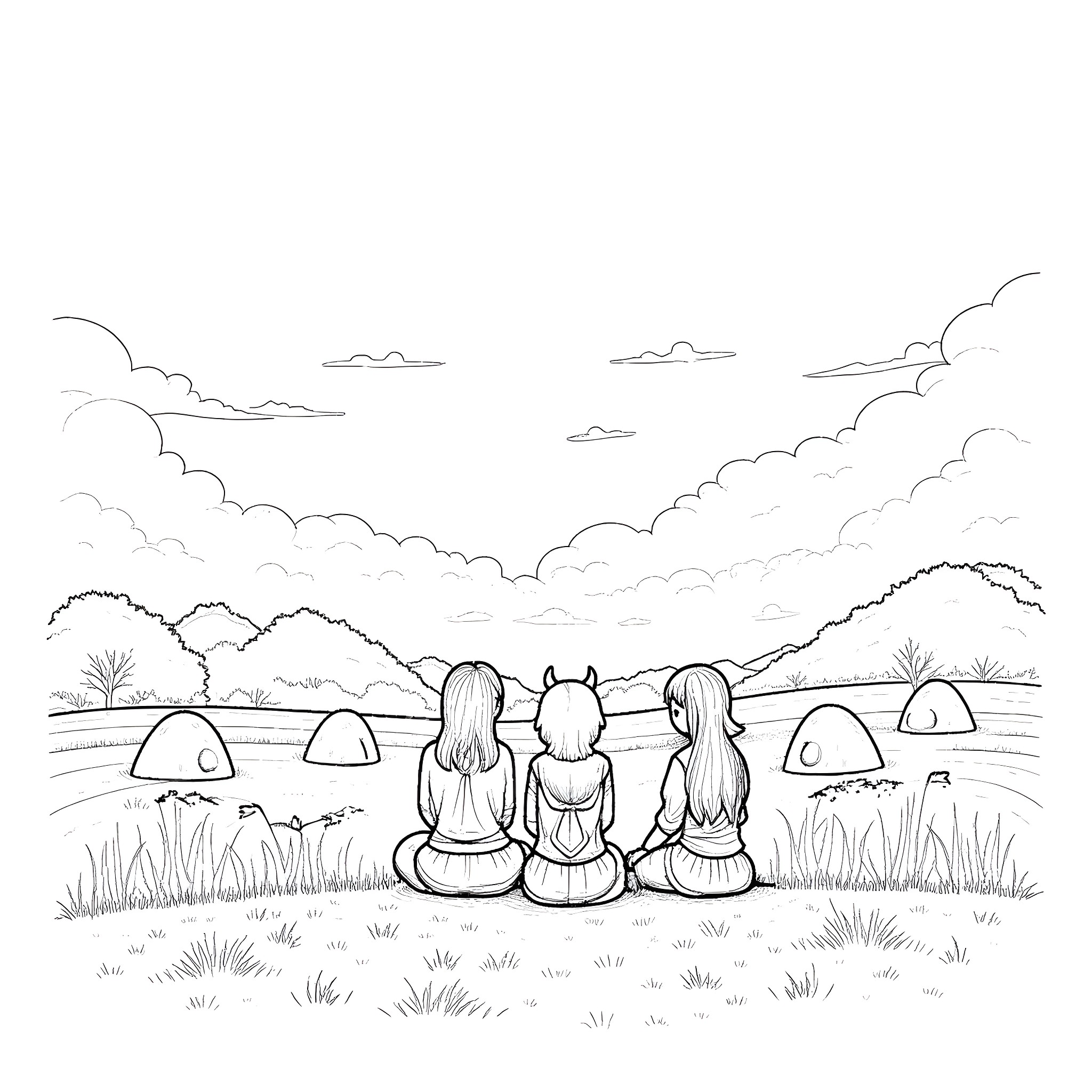 Goth Girls Camping in the Wilderness Coloring Page (free black-and-white line drawing printable PDF for all, from beginners to advanced learners, including children, teens, adults, and seniors)