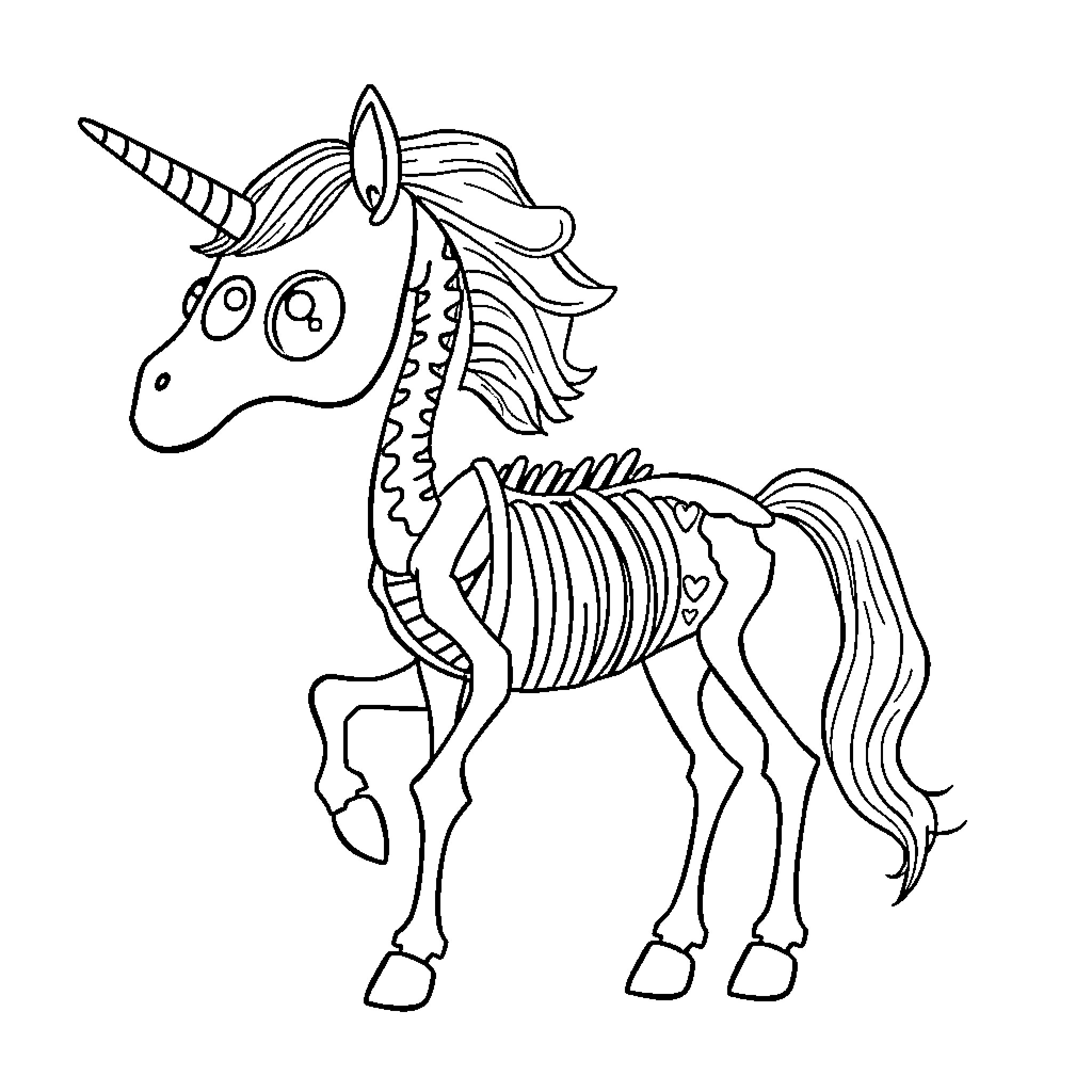 Unicorn with skeletal anatomy illustration Coloring Page (free black-and-white line drawing printable PDF for all, from beginners to advanced learners, including children, teens, adults, and seniors)