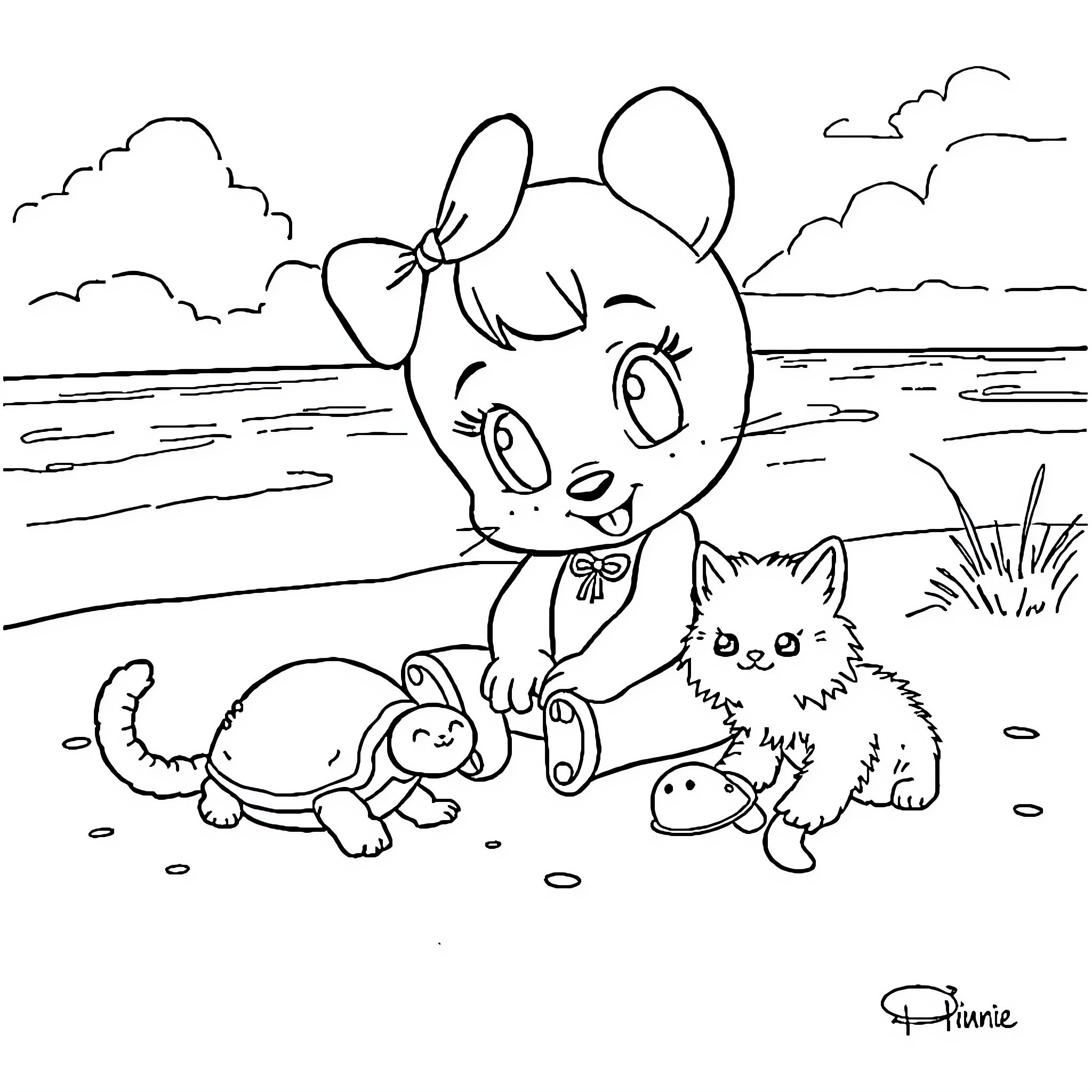 Minnie enjoying a day with animal friends in nature Coloring Page (free black-and-white line drawing printable PDF for all, from beginners to advanced learners, including children, teens, adults, and seniors)
