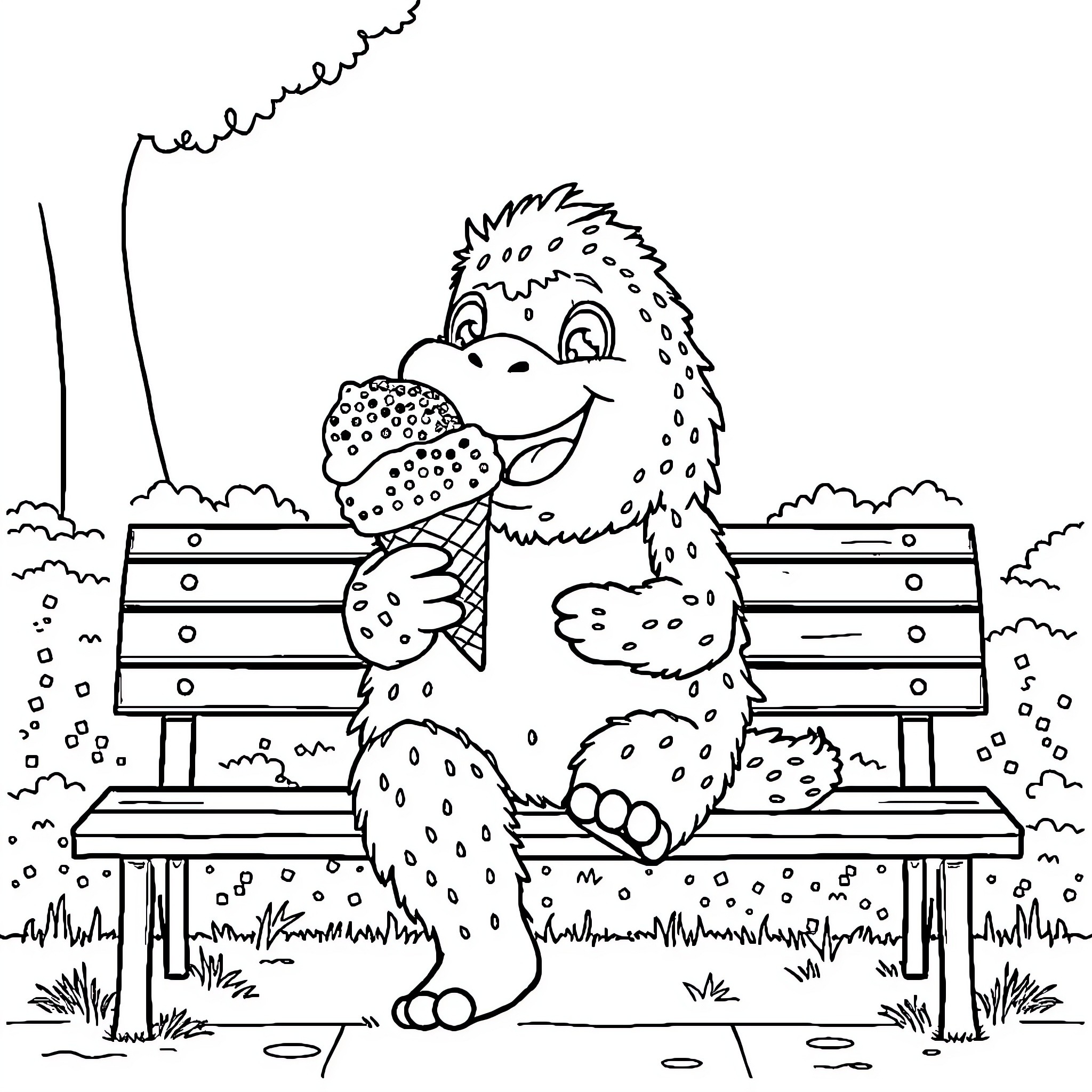 Godzuki enjoying a peaceful day on the park bench Coloring Page (free black-and-white line drawing printable PDF for all, from beginners to advanced learners, including children, teens, adults, and seniors)