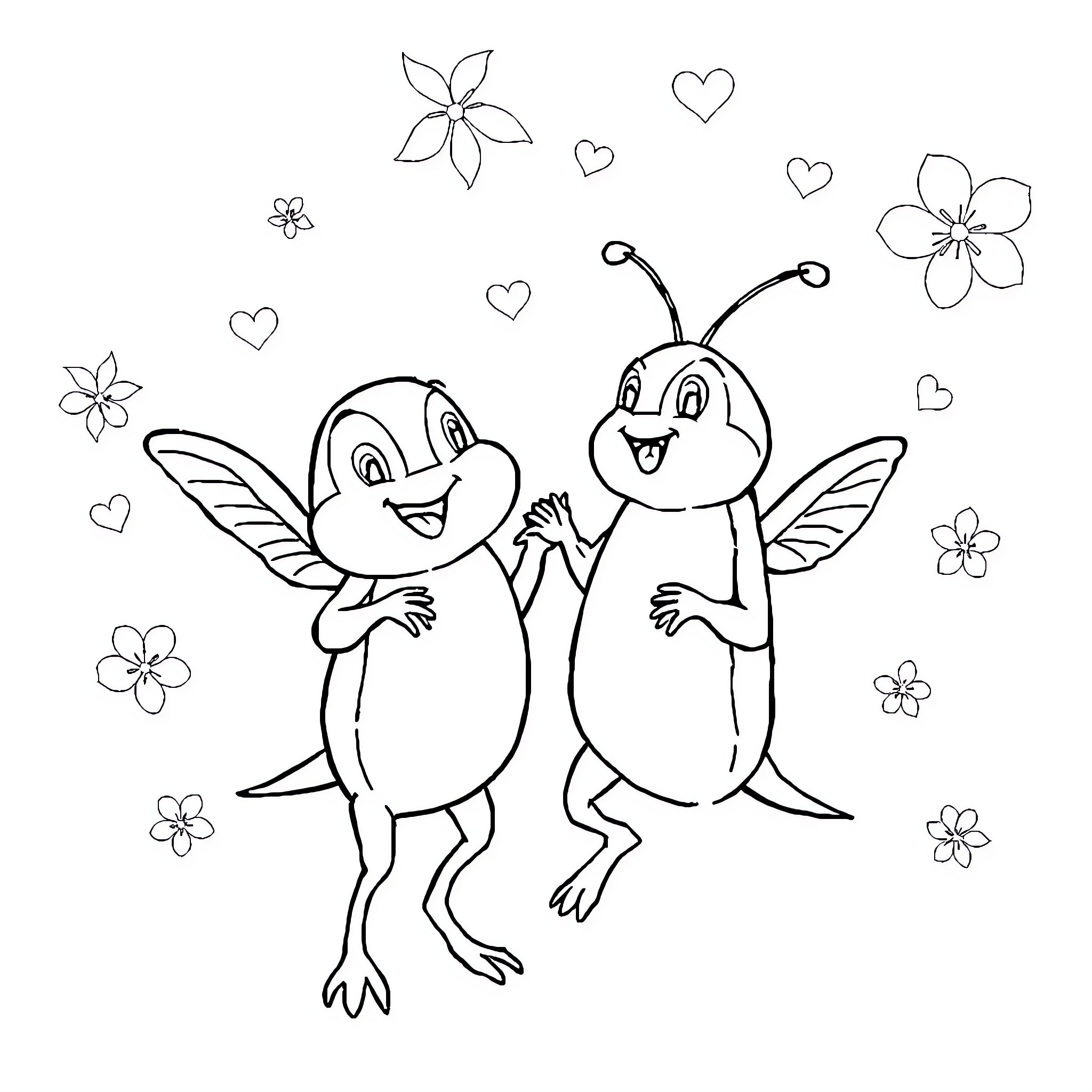 Paw Patrol Insects Playing and Dancing with Flowers Coloring Page (free black-and-white line drawing printable PDF for all, from beginners to advanced learners, including children, teens, adults, and seniors)