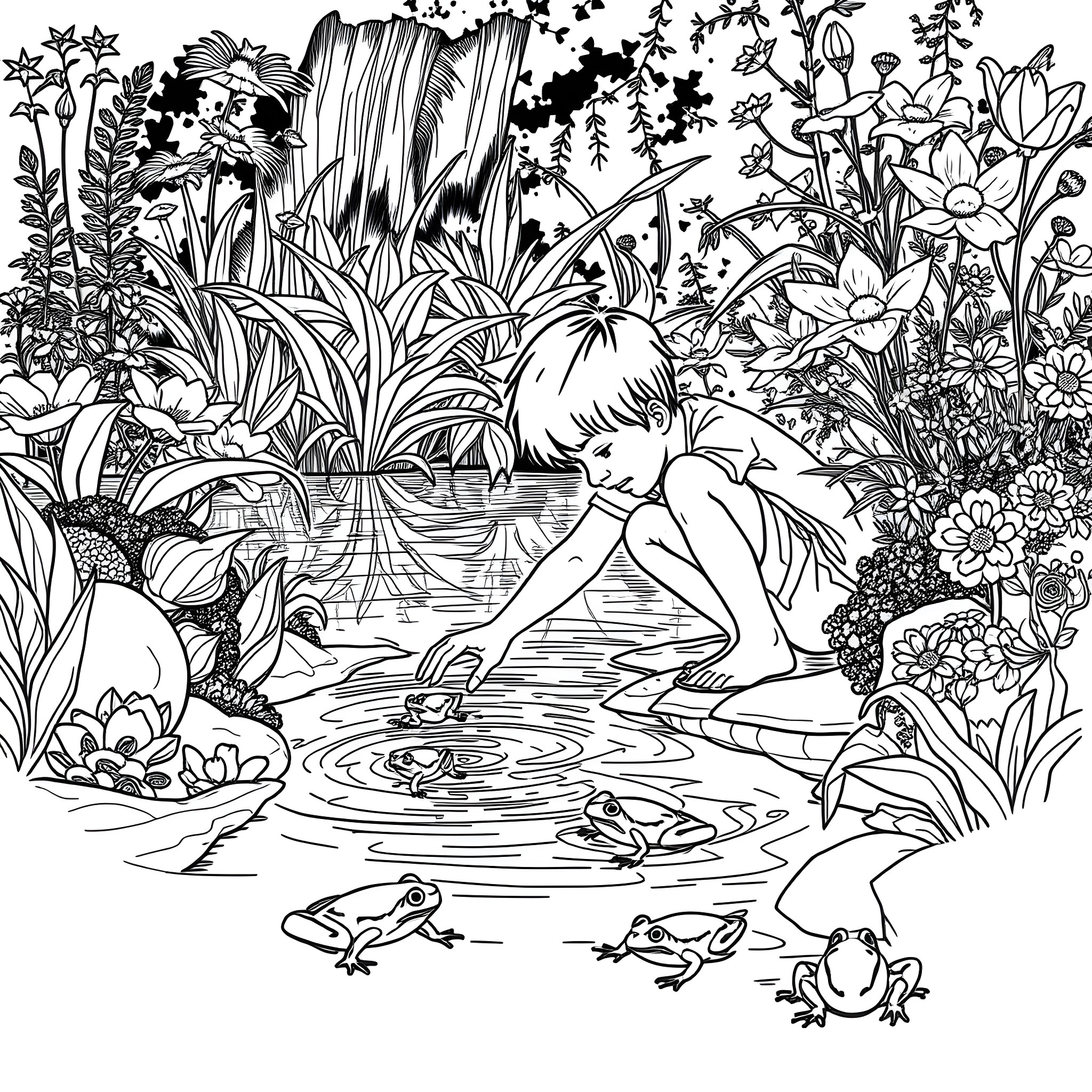 Boy exploring nature's wonders in a lush garden landscape Coloring Page (free black-and-white line drawing printable PDF for all, from beginners to advanced learners, including children, teens, adults, and seniors)