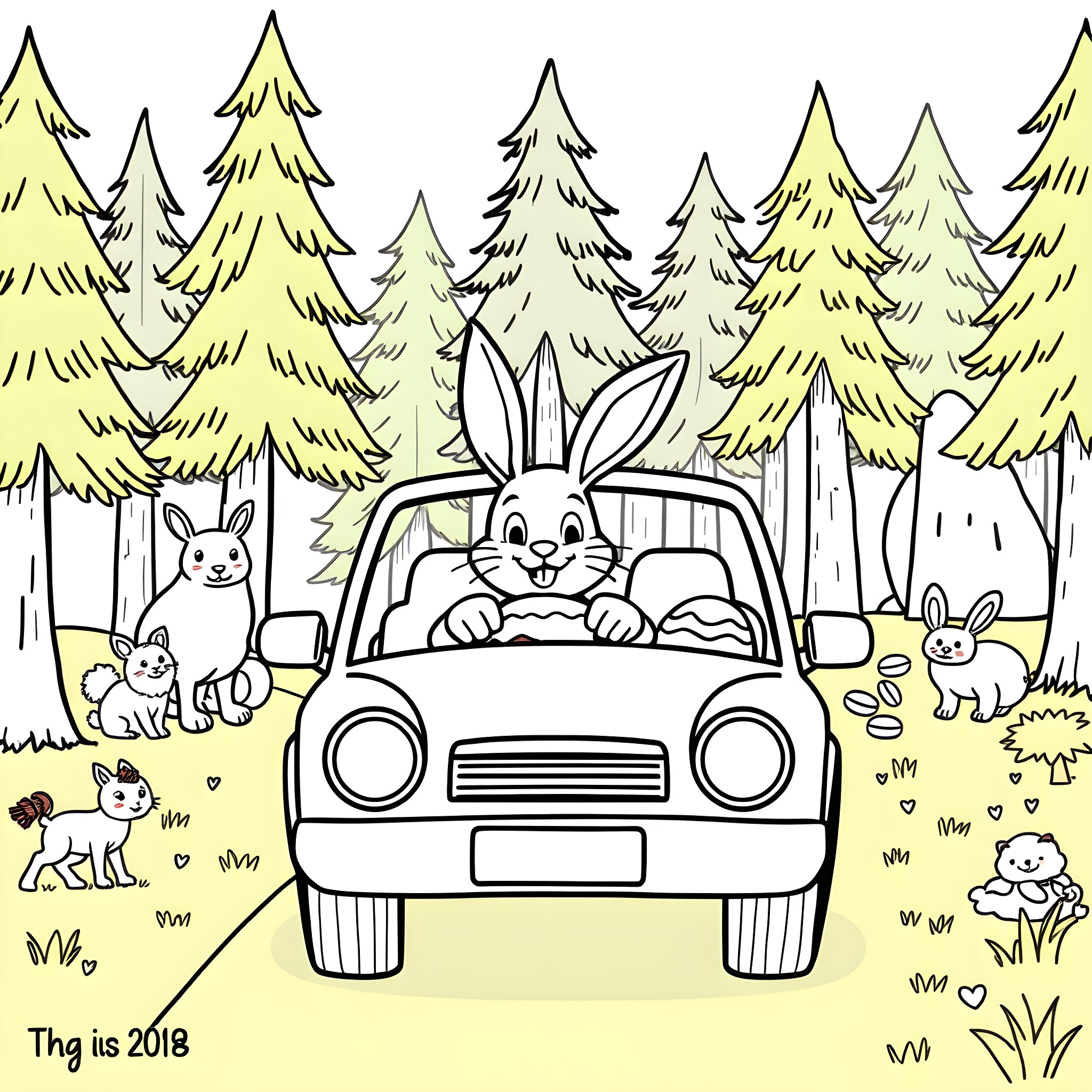 Bunny driving car with friends in forest Coloring Page (free black-and-white line drawing printable PDF for all, from beginners to advanced learners, including children, teens, adults, and seniors)