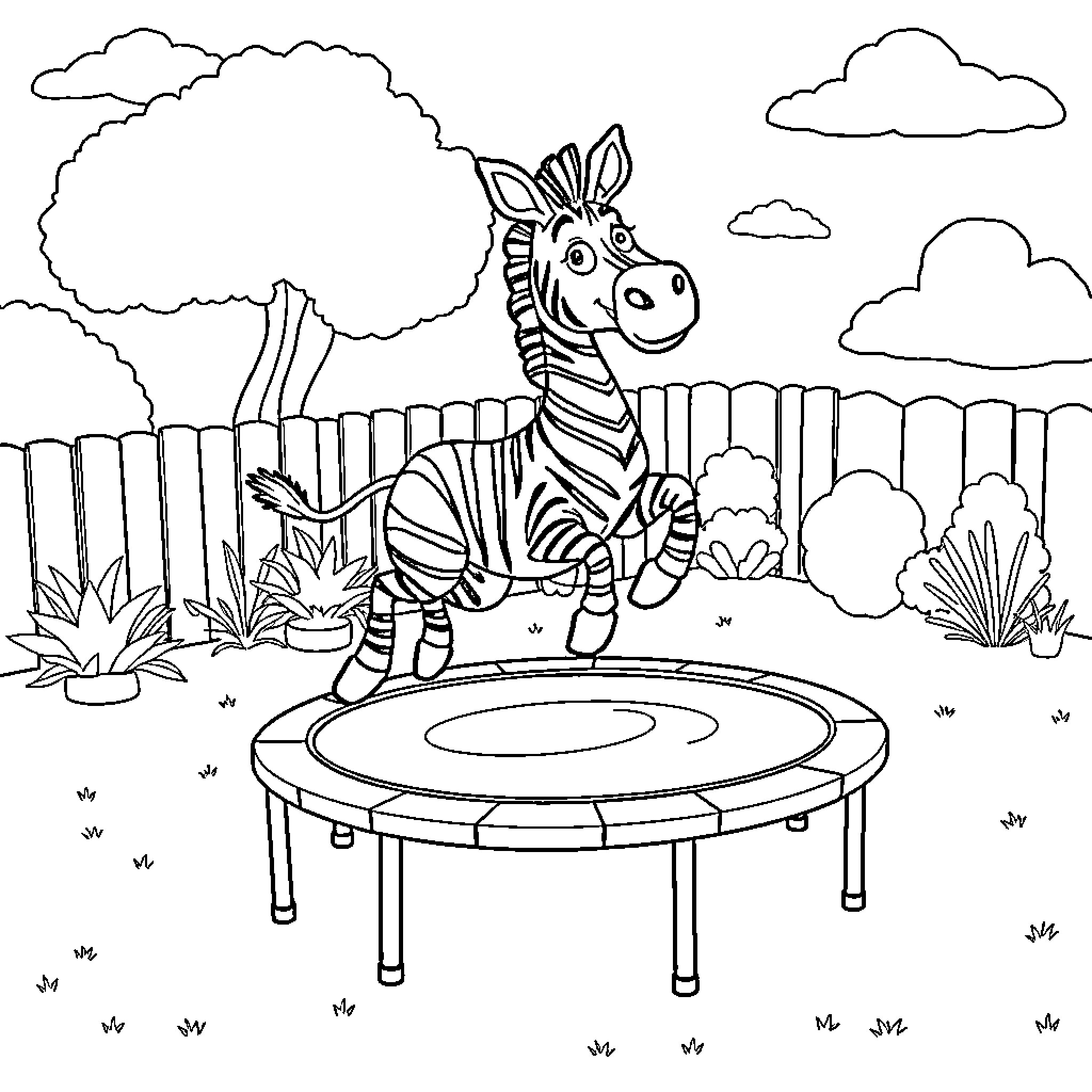 Zebra playing joyfully on trampoline in the wild Coloring Page (free black-and-white line drawing printable PDF for all, from beginners to advanced learners, including children, teens, adults, and seniors)