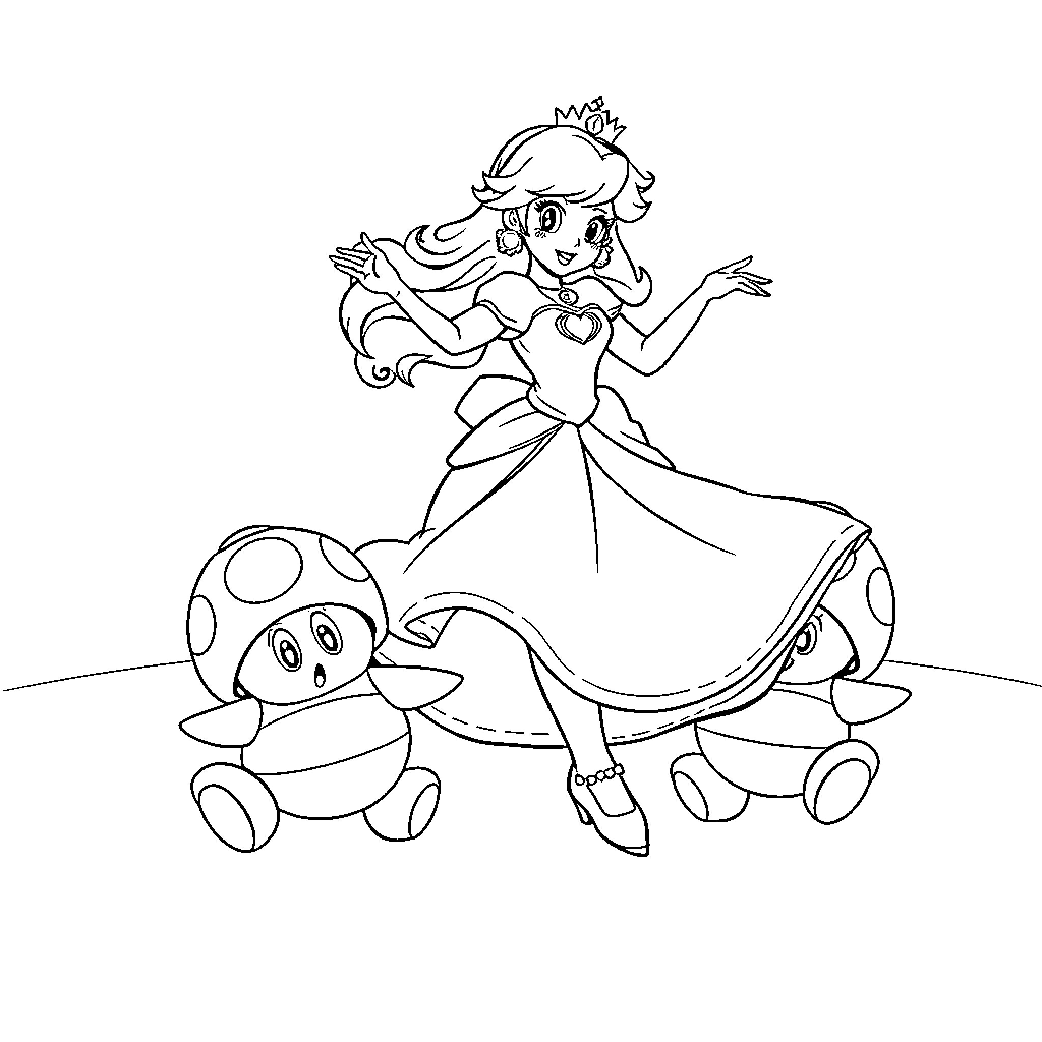 Princess Peach dancing joyfully with Toad companions Coloring Page (free black-and-white line drawing printable PDF for all, from beginners to advanced learners, including children, teens, adults, and seniors)