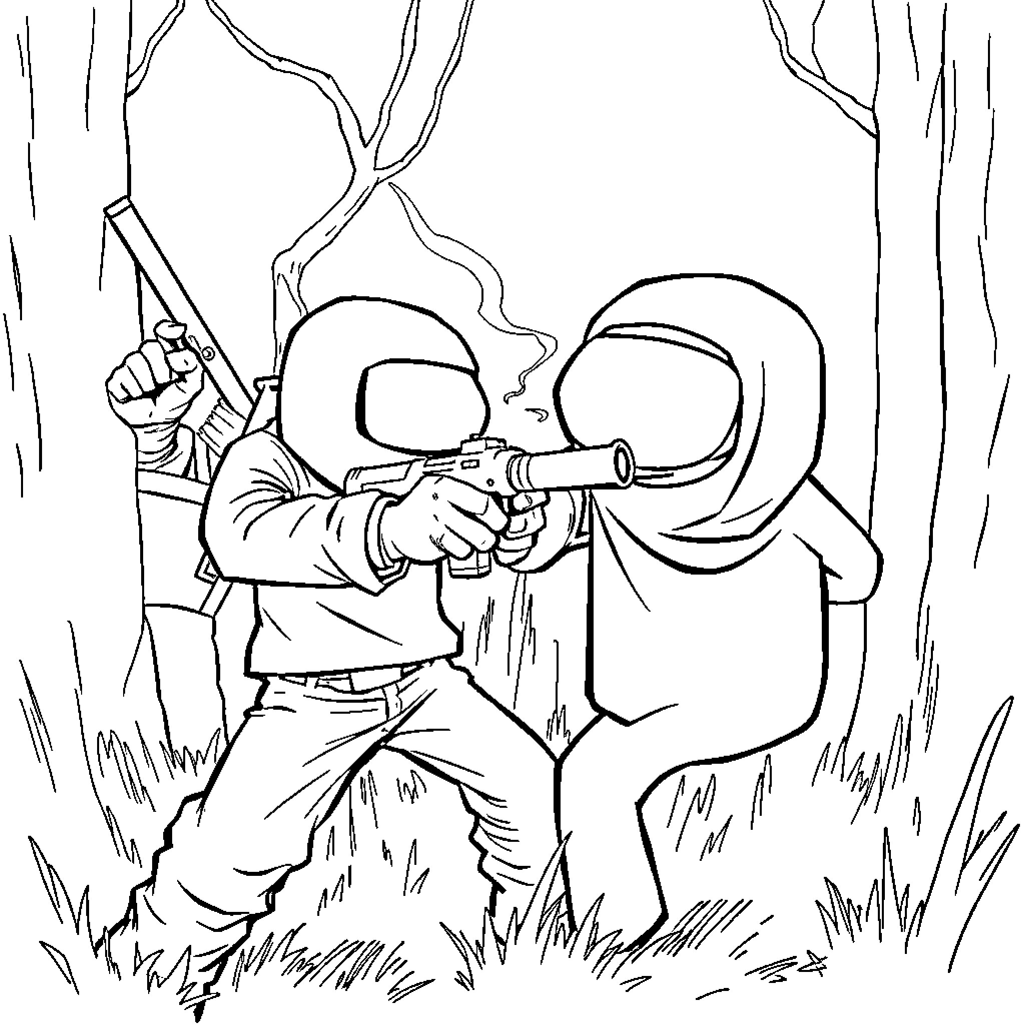 Among Us Characters in Confrontational Standoff Coloring Page (free black-and-white line drawing printable PDF for all, from beginners to advanced learners, including children, teens, adults, and seniors)