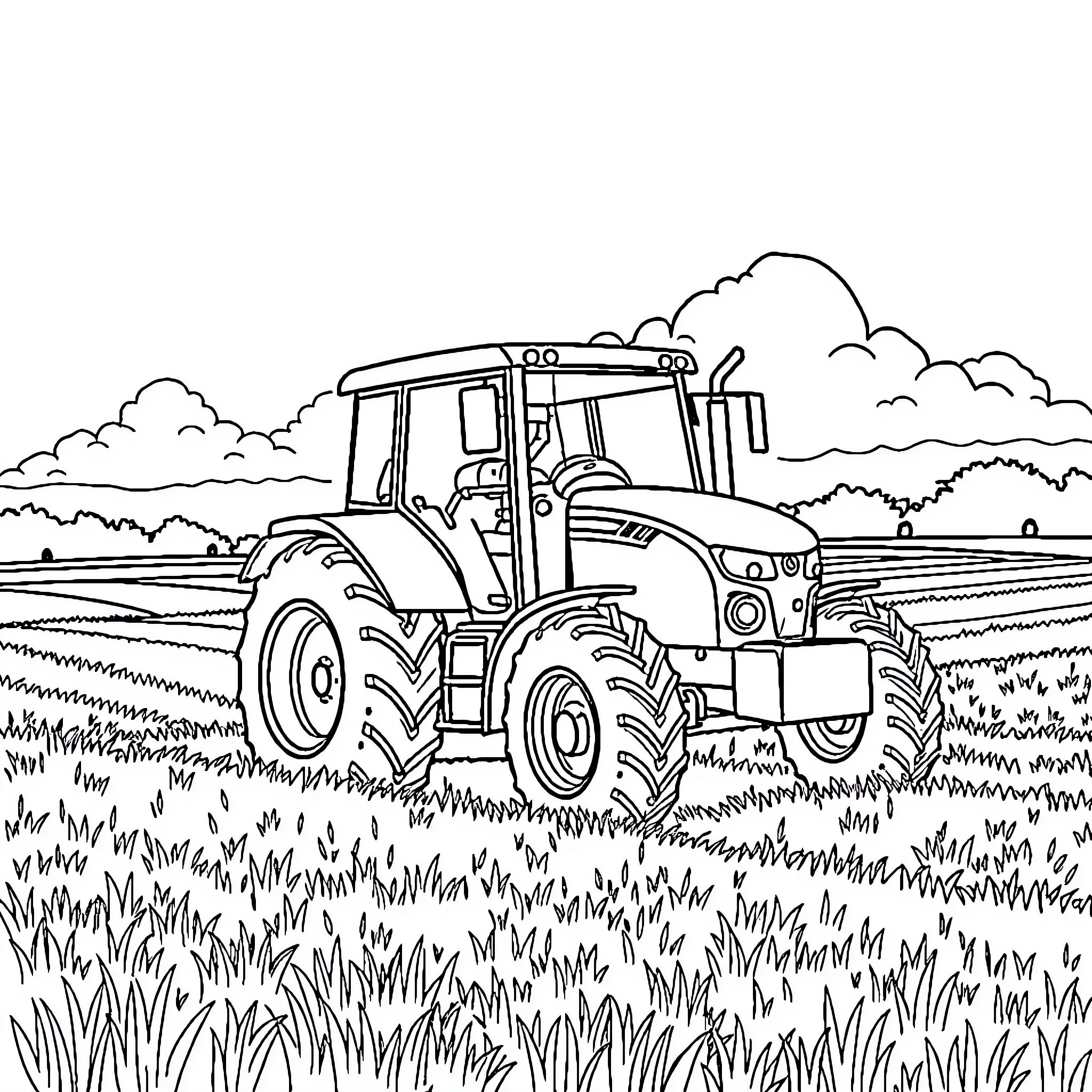 Tractor plowing through the lush field Coloring Page (free black-and-white line drawing printable PDF for all, from beginners to advanced learners, including children, teens, adults, and seniors)