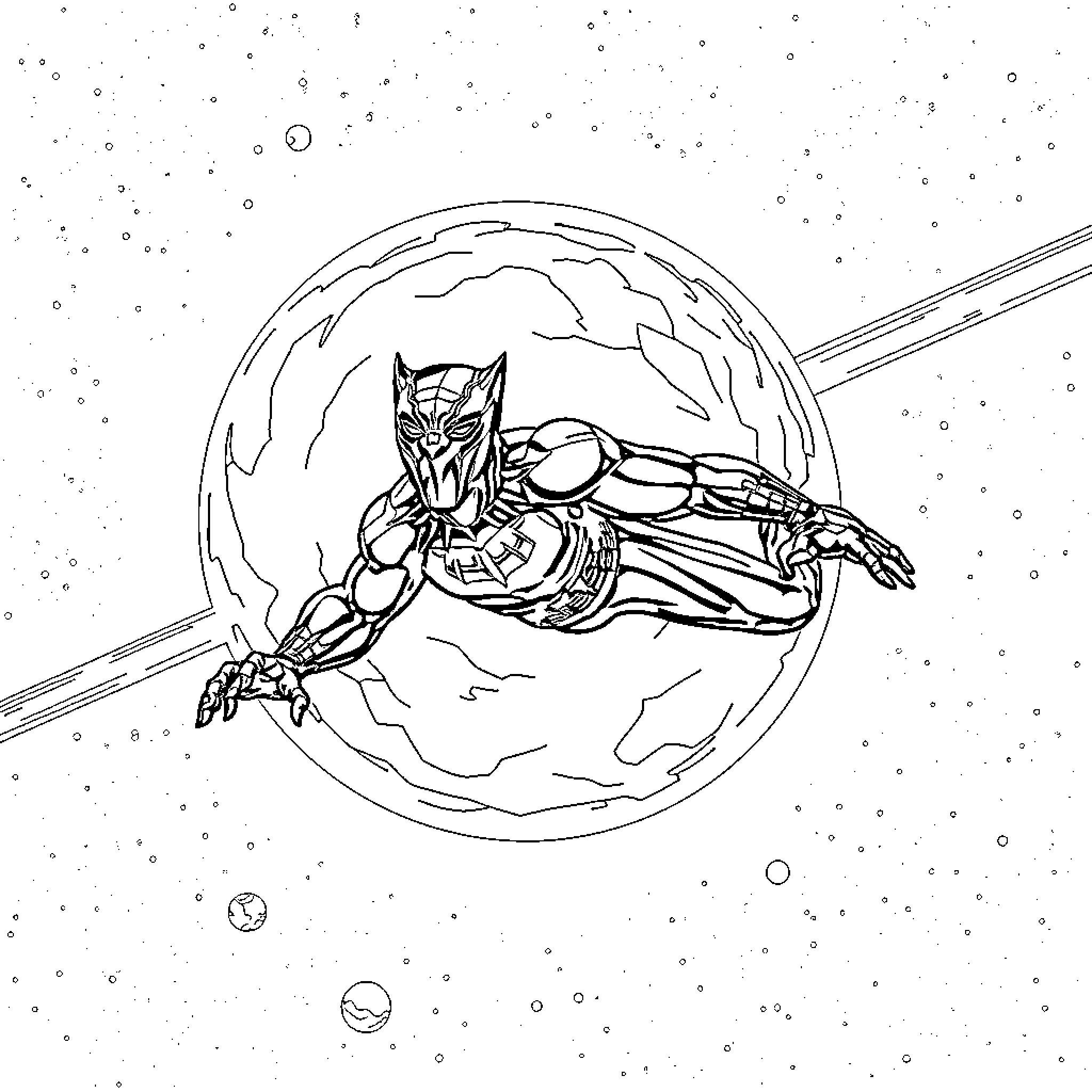 Panther Warrior Soaring Through Cosmic Void Coloring Page (free black-and-white line drawing printable PDF for all, from beginners to advanced learners, including children, teens, adults, and seniors)