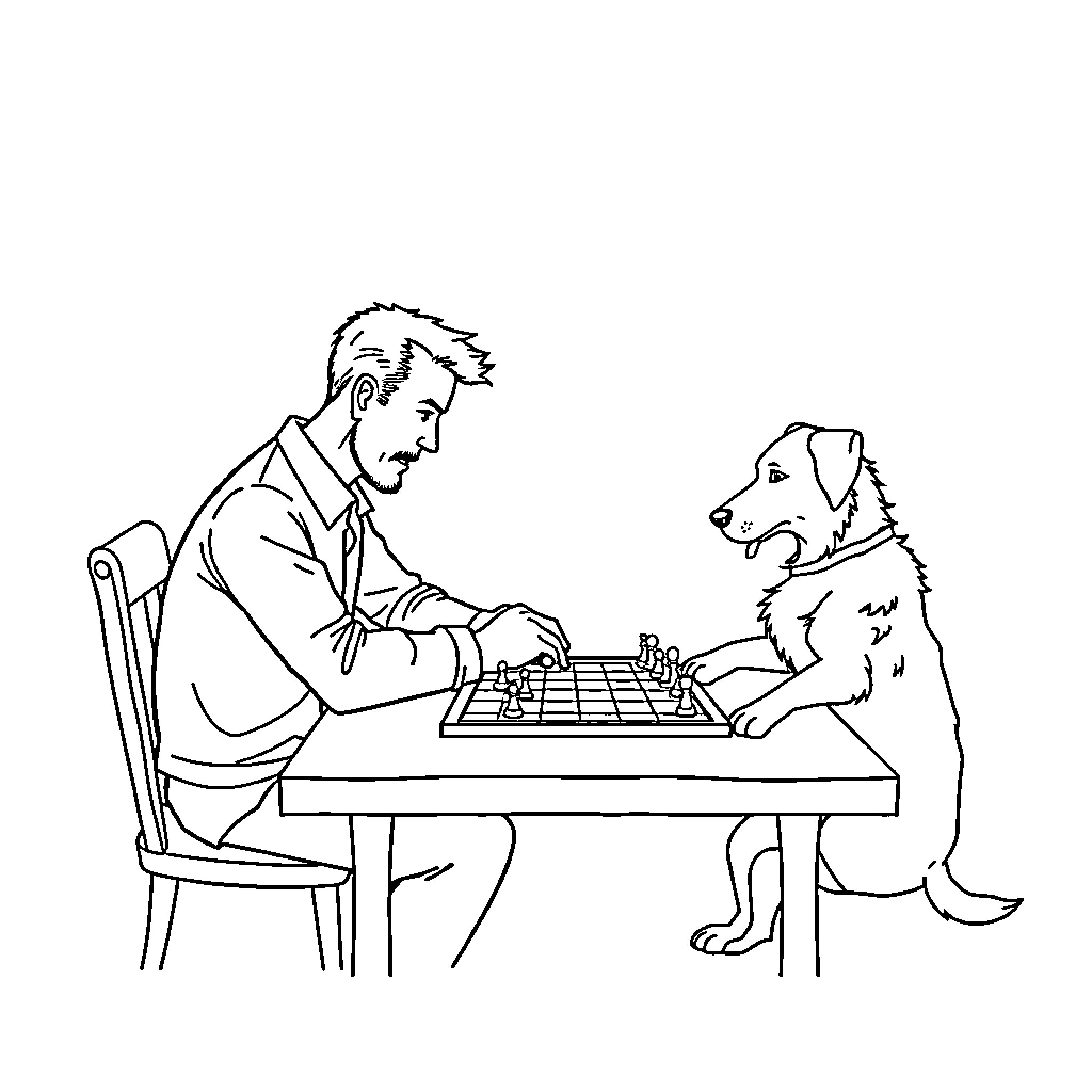 Dog watching man play chess Coloring Page (free black-and-white line drawing printable PDF for all, from beginners to advanced learners, including children, teens, adults, and seniors)