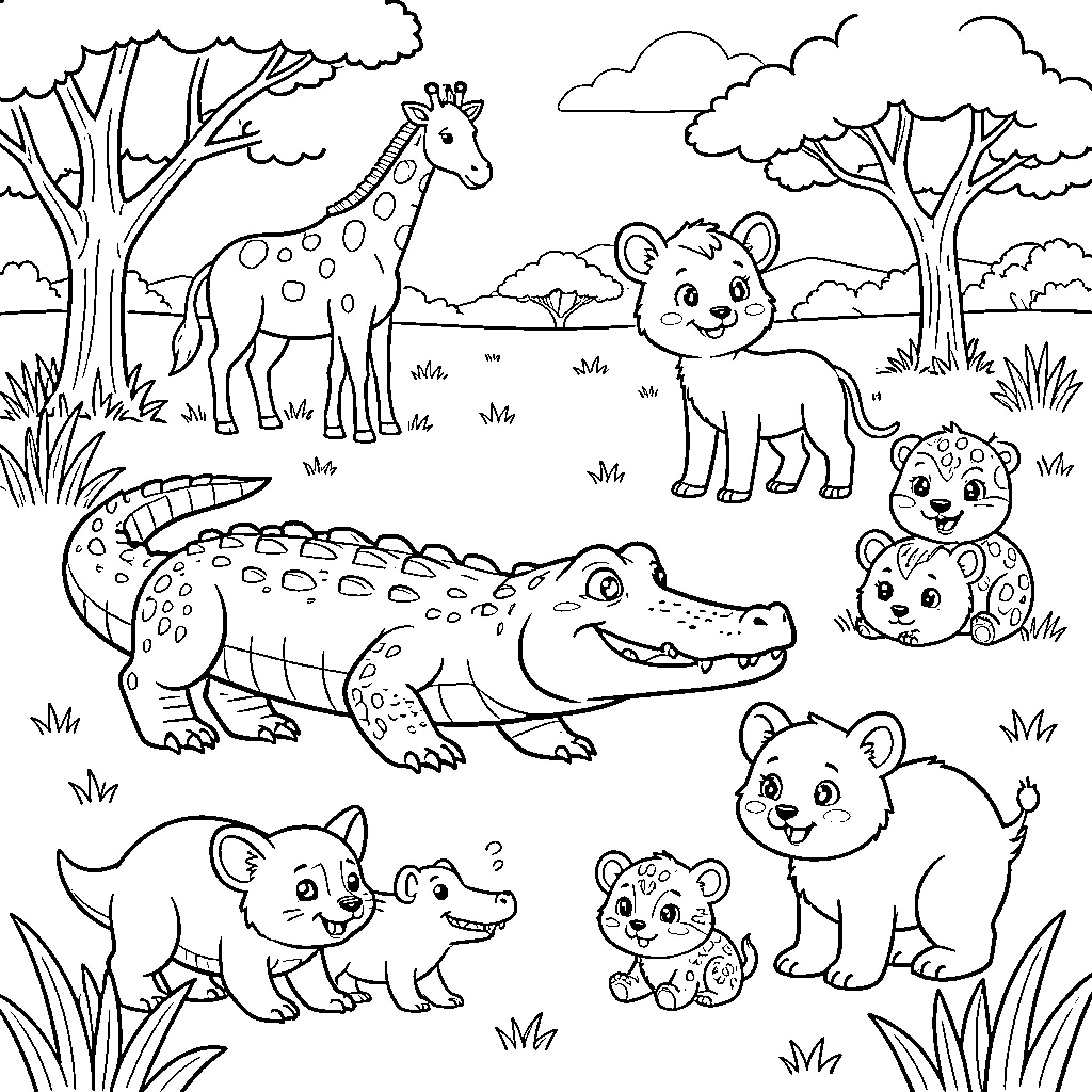 Crocodile interacting with various wild animals in a savanna Coloring Page (free black-and-white line drawing printable PDF for all, from beginners to advanced learners, including children, teens, adults, and seniors)