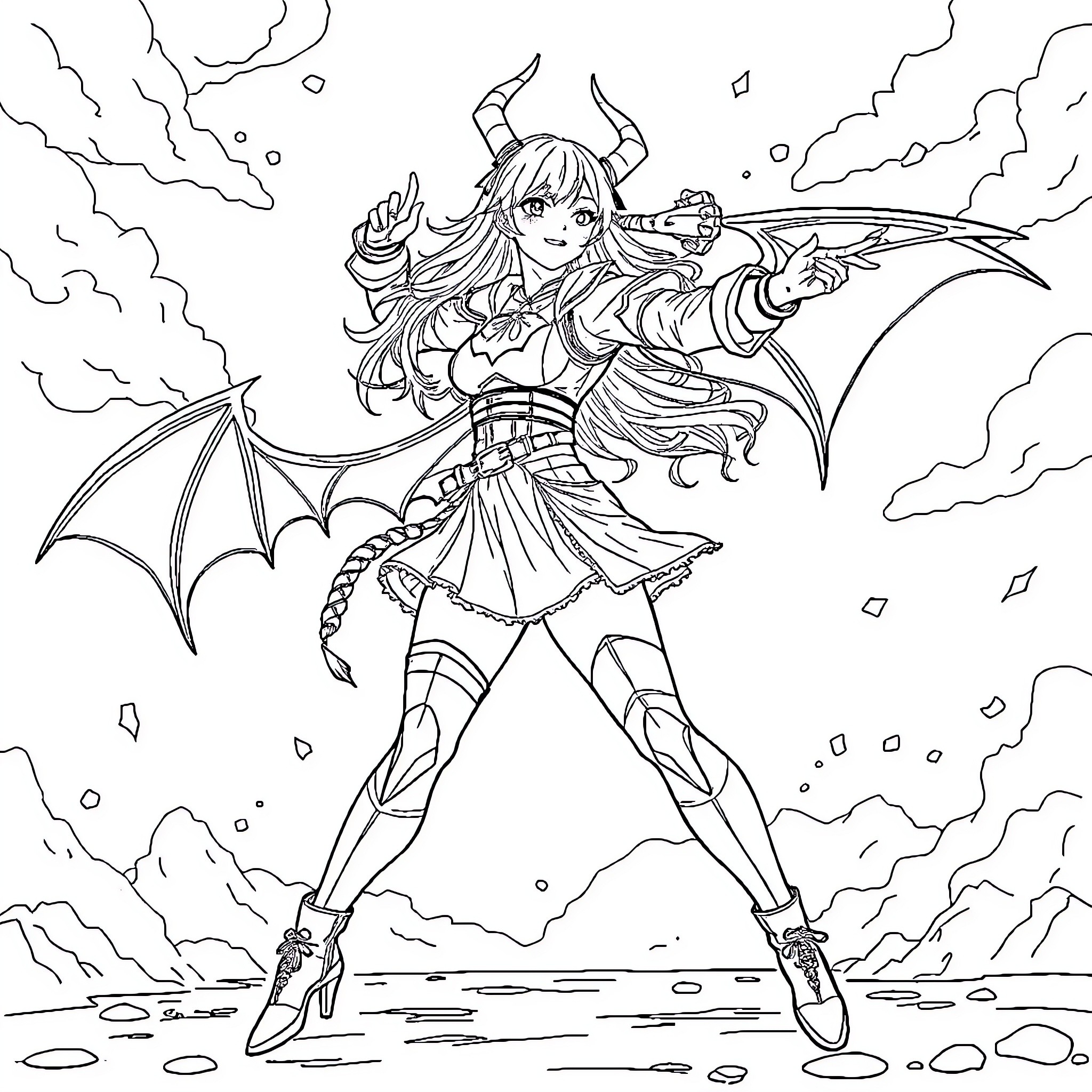 Kpop Heroine Battles with Mighty Wings in the Sky Coloring Page (free black-and-white line drawing printable PDF for all, from beginners to advanced learners, including children, teens, adults, and seniors)