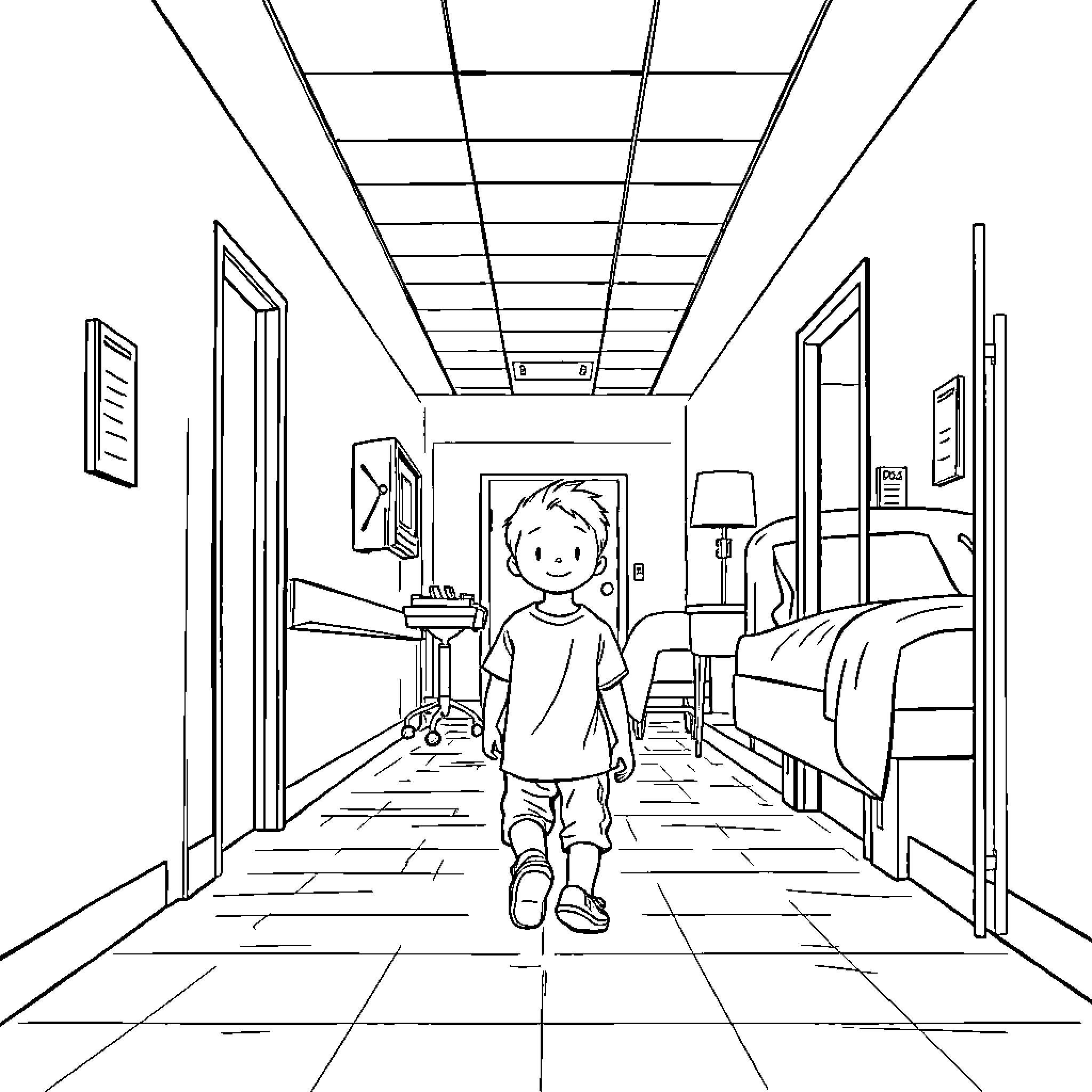 Boy exploring mysterious hallway in residence Coloring Page (free black-and-white line drawing printable PDF for all, from beginners to advanced learners, including children, teens, adults, and seniors)