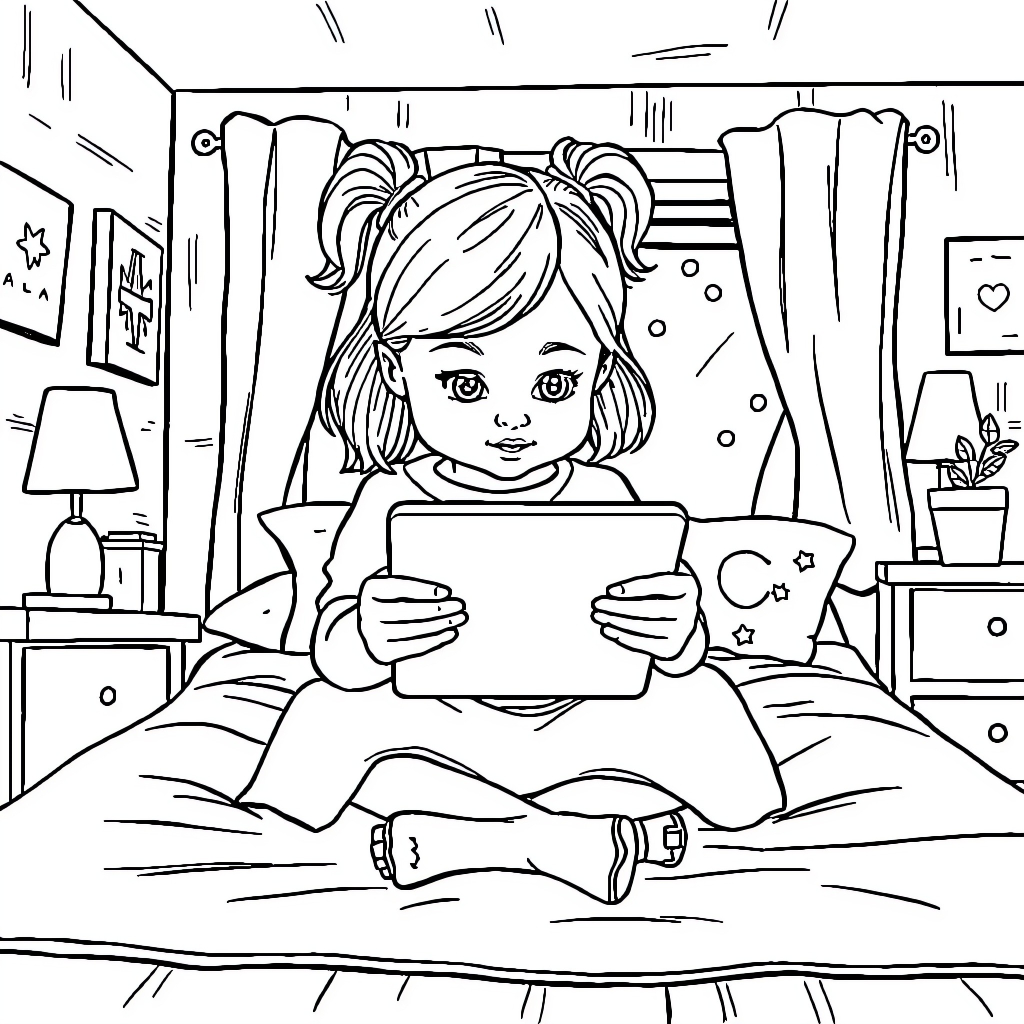 Girl playing with tablet in her bedroom Coloring Page (free black-and-white line drawing printable PDF for all, from beginners to advanced learners, including children, teens, adults, and seniors)