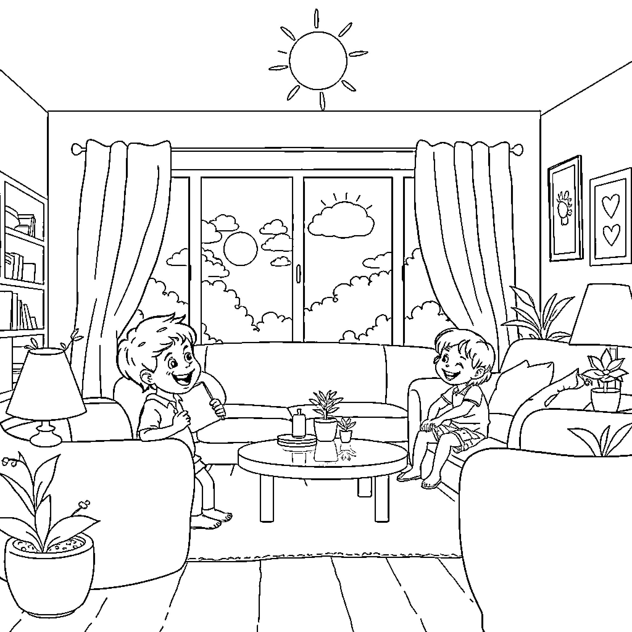 Kids Relaxing in Cozy Living Room Coloring Page (free black-and-white line drawing printable PDF for all, from beginners to advanced learners, including children, teens, adults, and seniors)