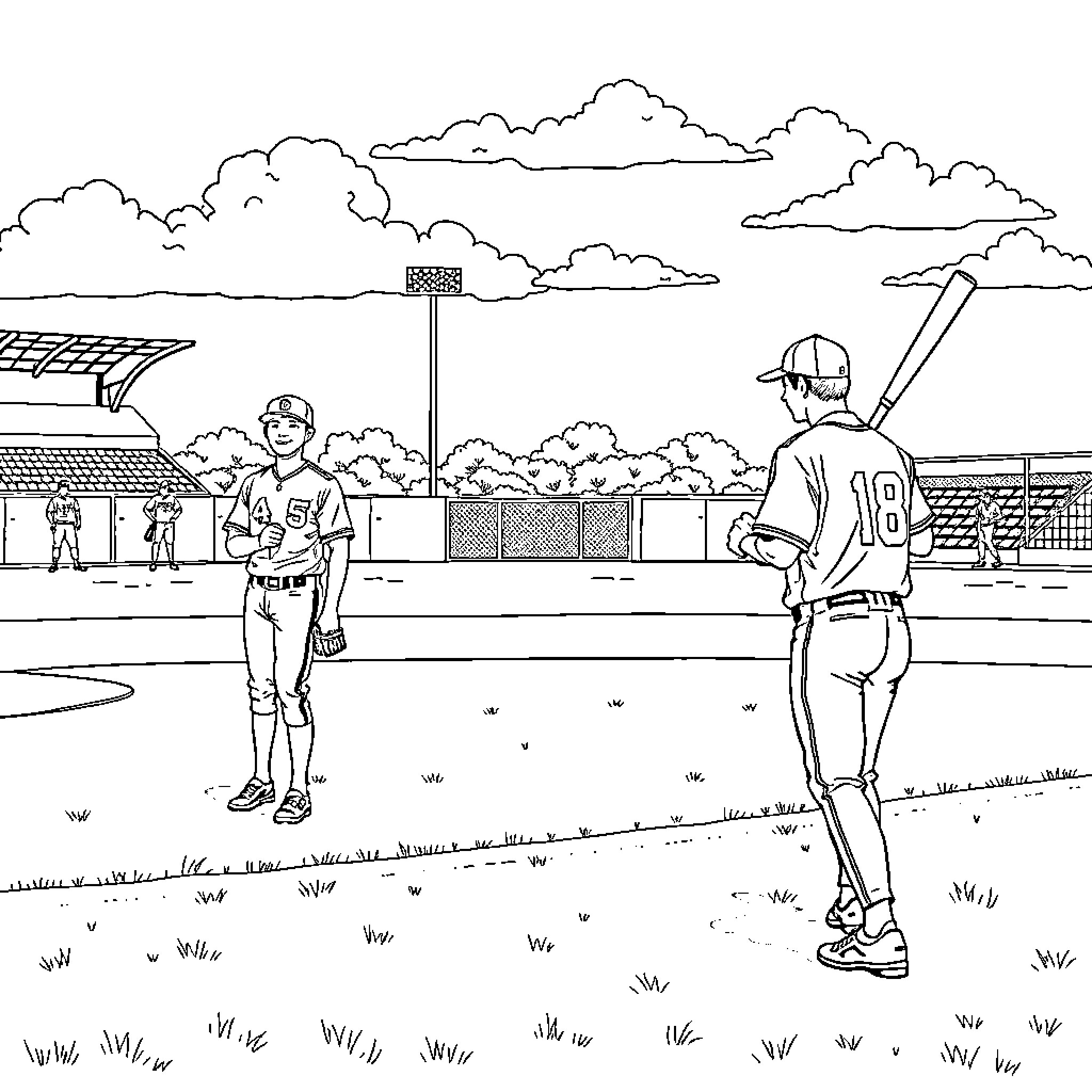 Baseball Players on the Field Coloring Page (free black-and-white line drawing printable PDF for all, from beginners to advanced learners, including children, teens, adults, and seniors)