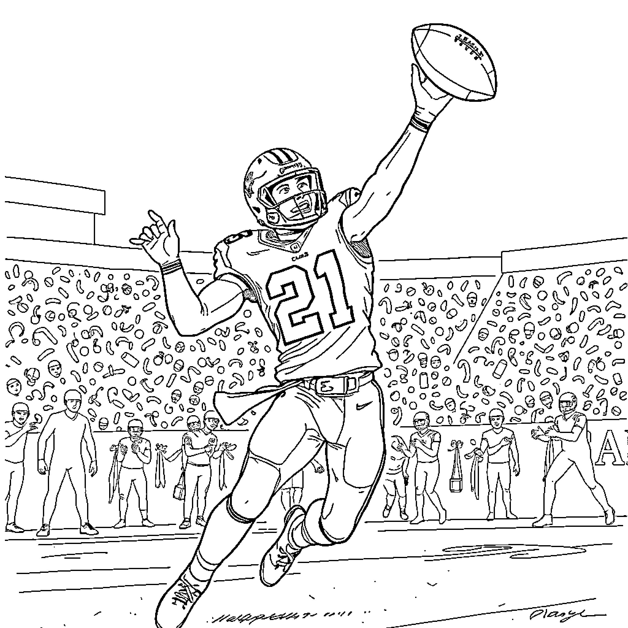 Justin Jefferson celebrating touchdown on the football field Coloring Page (free black-and-white line drawing printable PDF for all, from beginners to advanced learners, including children, teens, adults, and seniors)