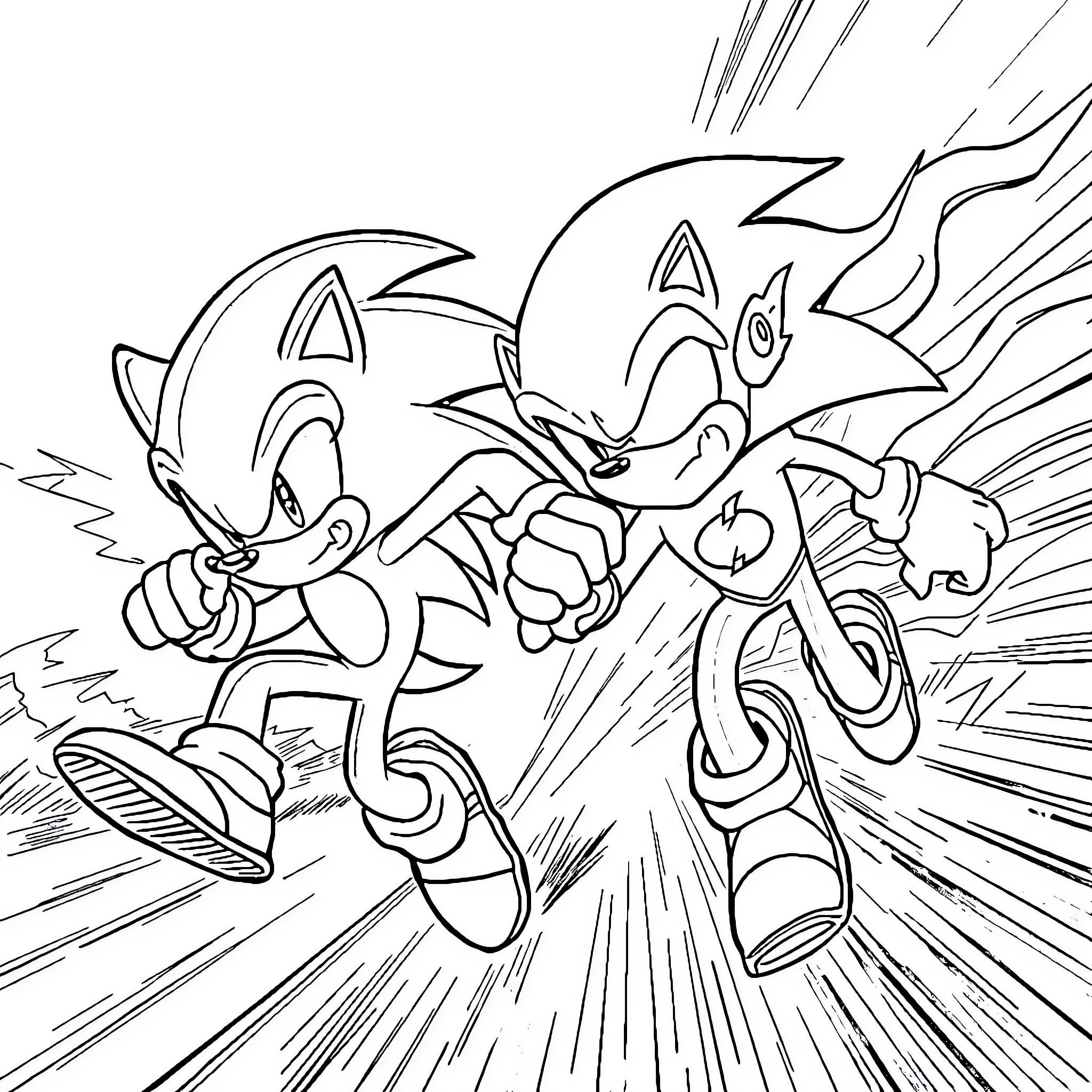 Sonic characters in dynamic action poses Coloring Page (free black-and-white line drawing printable PDF for all, from beginners to advanced learners, including children, teens, adults, and seniors)