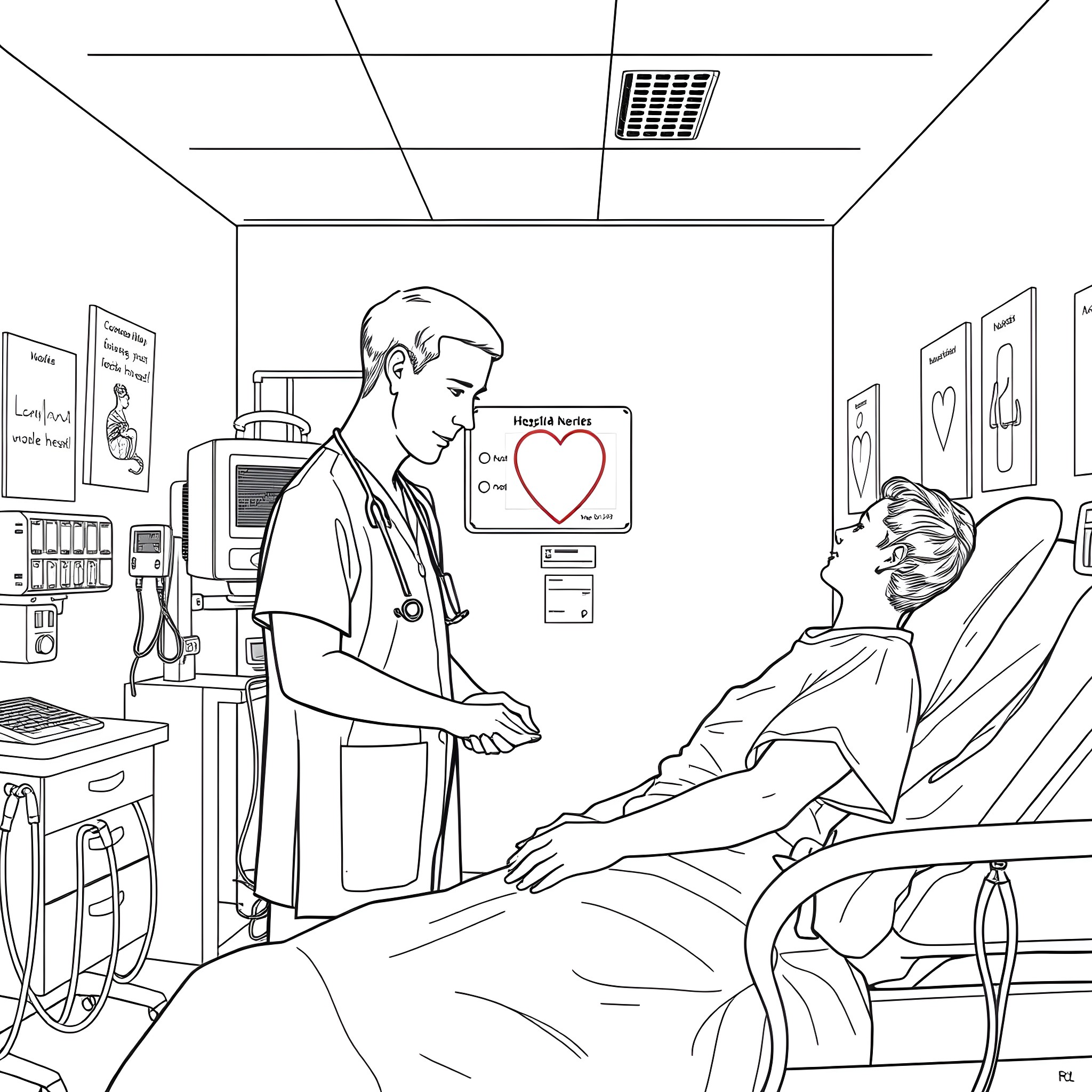 Nurse Examining Patient in Hospital Room Coloring Page (free black-and-white line drawing printable PDF for all, from beginners to advanced learners, including children, teens, adults, and seniors)