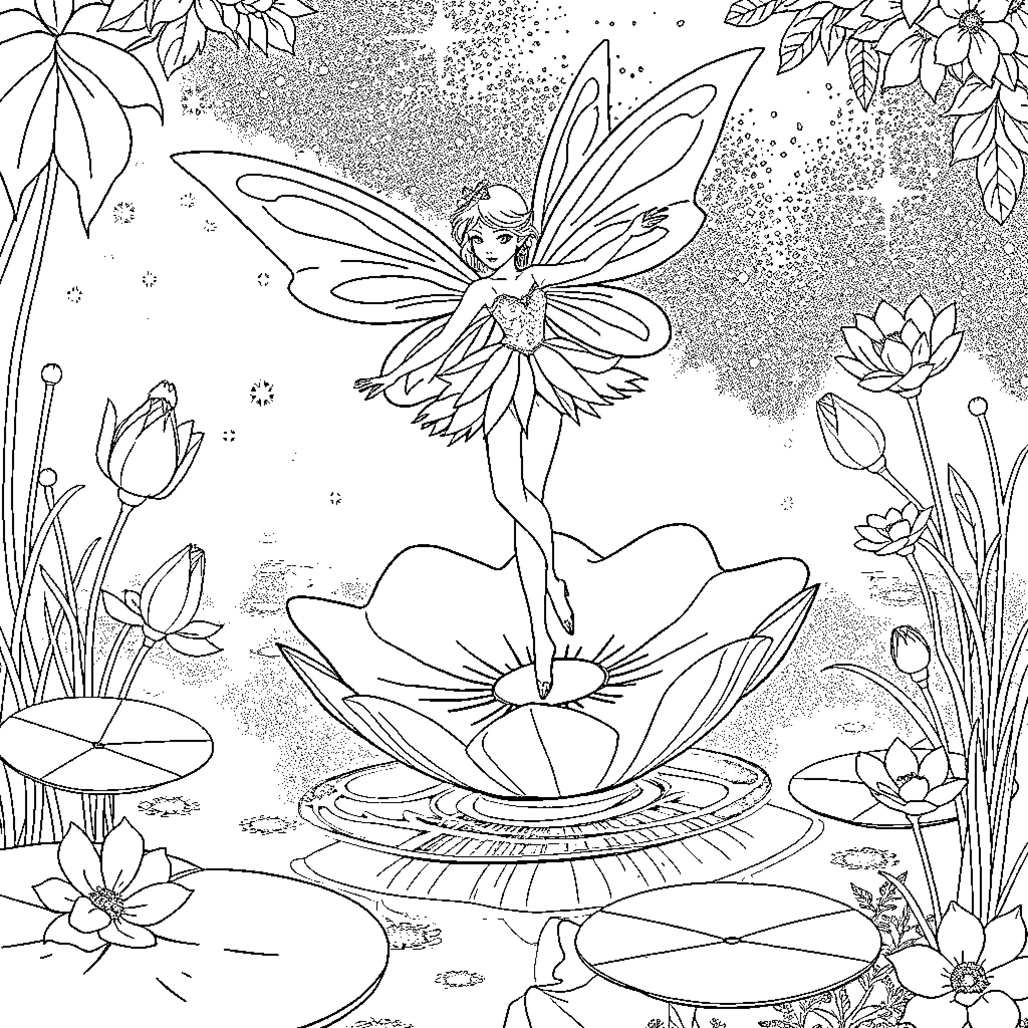 Sugar Plum Fairy flying gracefully among garden blooms Coloring Page (free black-and-white line drawing printable PDF for all, from beginners to advanced learners, including children, teens, adults, and seniors)