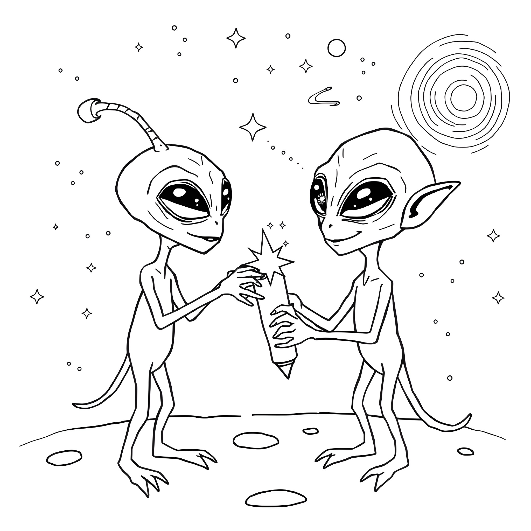 Alien friends chatting amidst the cosmos Coloring Page (free black-and-white line drawing printable PDF for all, from beginners to advanced learners, including children, teens, adults, and seniors)