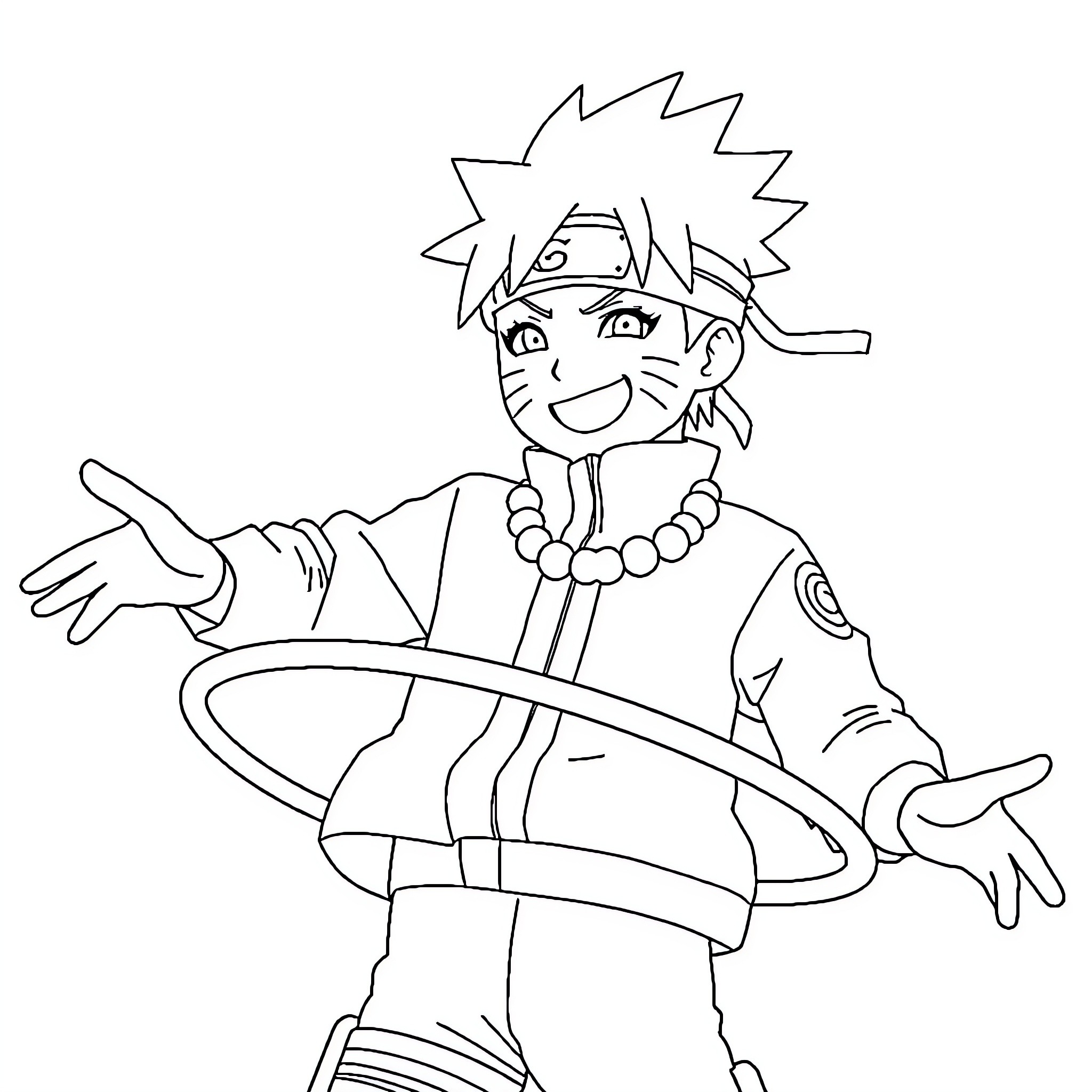Naruto Uzumaki in Action Pose Coloring Page (free black-and-white line drawing printable PDF for all, from beginners to advanced learners, including children, teens, adults, and seniors)