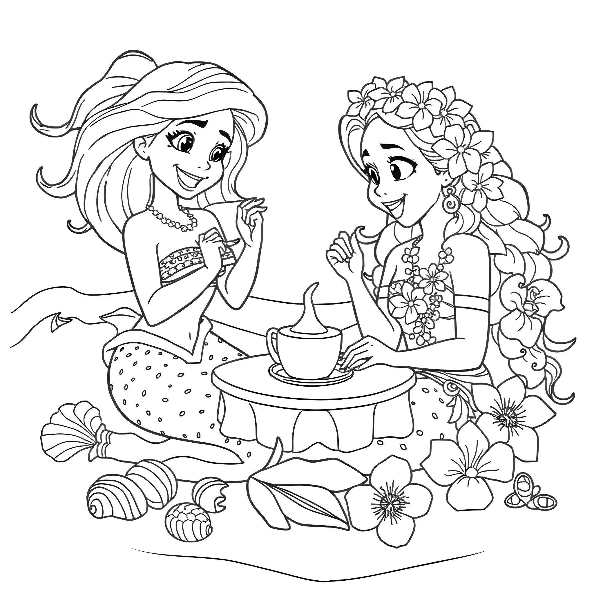 Ariel and Rapunzel enjoying a tea party in the garden Coloring Page (free black-and-white line drawing printable PDF for all, from beginners to advanced learners, including children, teens, adults, and seniors)