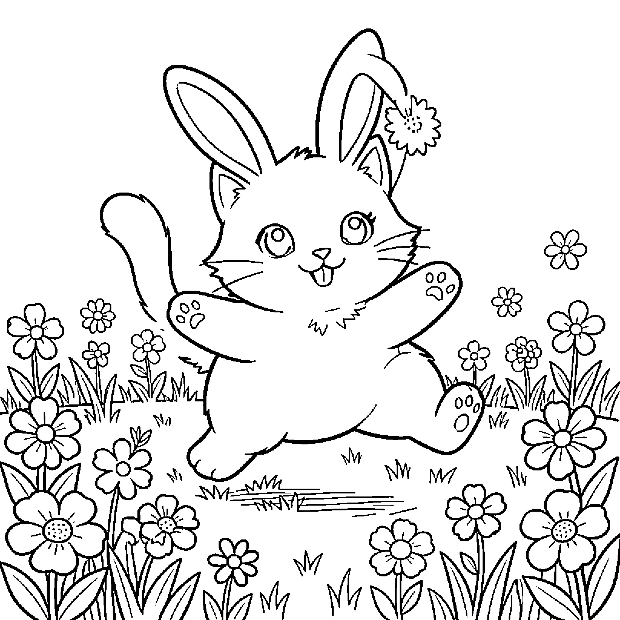 Kitten playing happily in the floral garden Coloring Page (free black-and-white line drawing printable PDF for all, from beginners to advanced learners, including children, teens, adults, and seniors)