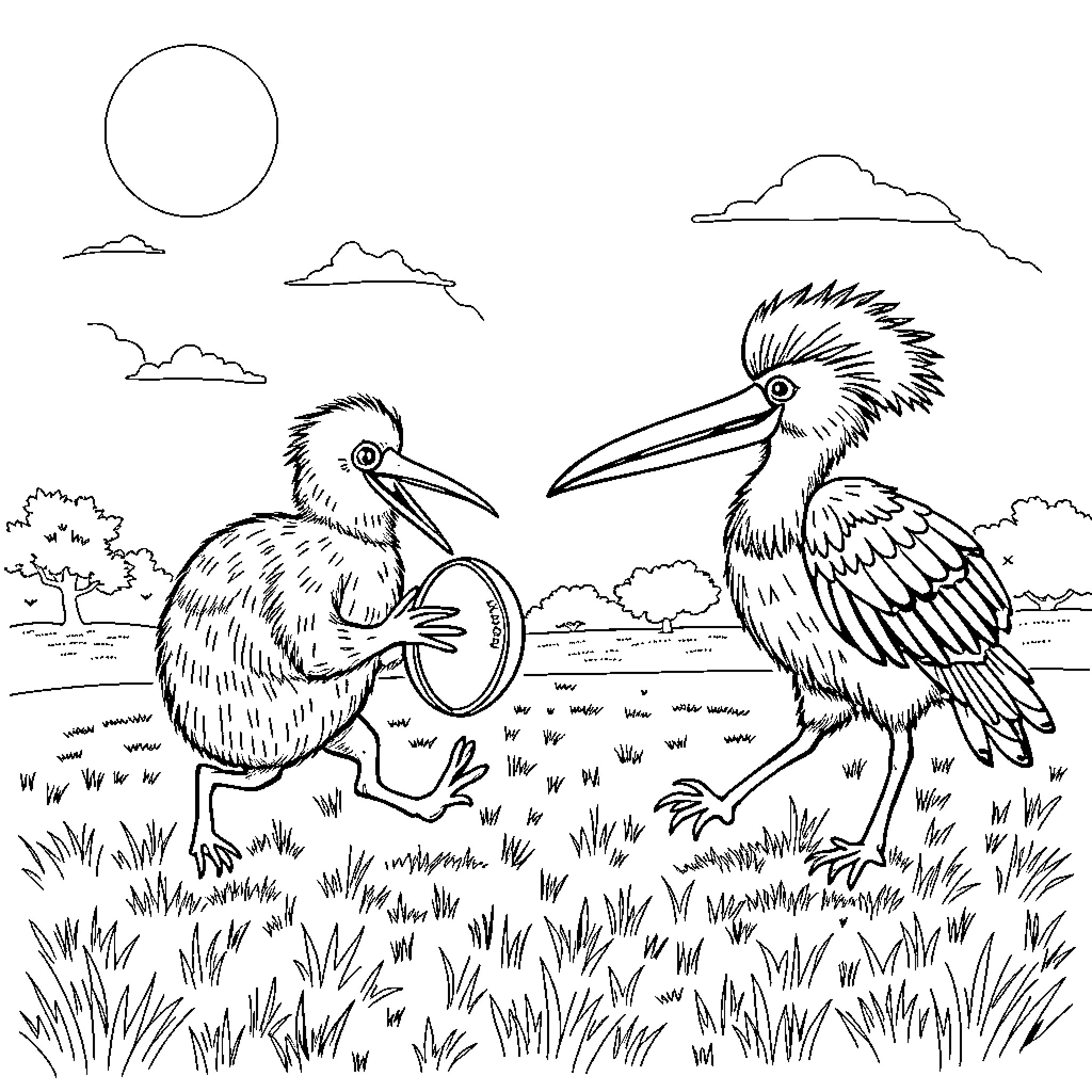 Kiwi birds foraging in a grassy field Coloring Page (free black-and-white line drawing printable PDF for all, from beginners to advanced learners, including children, teens, adults, and seniors)