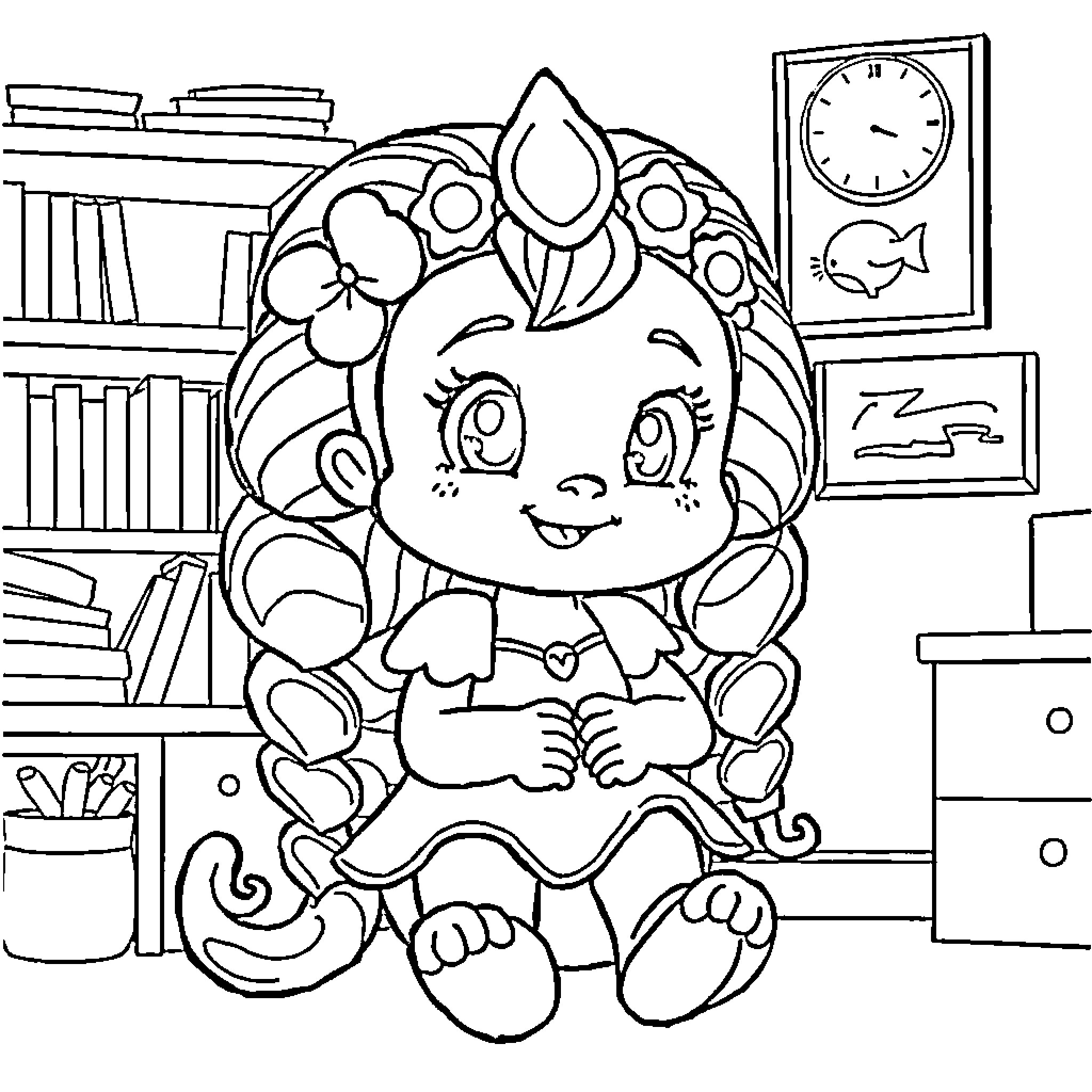 Helinore's Cozy Home Adventure Coloring Page (free black-and-white line drawing printable PDF for all, from beginners to advanced learners, including children, teens, adults, and seniors)