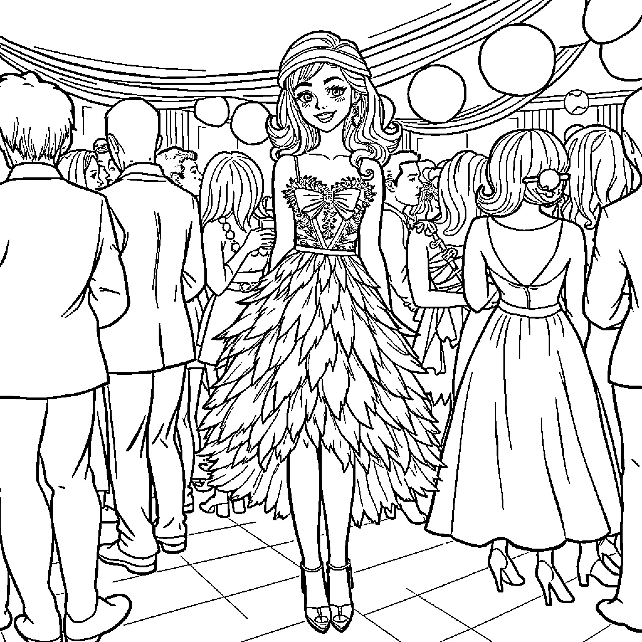 Penelope Featherington's Elegant Ballroom Attire and Festivities Coloring Page (free black-and-white line drawing printable PDF for all, from beginners to advanced learners, including children, teens, adults, and seniors)