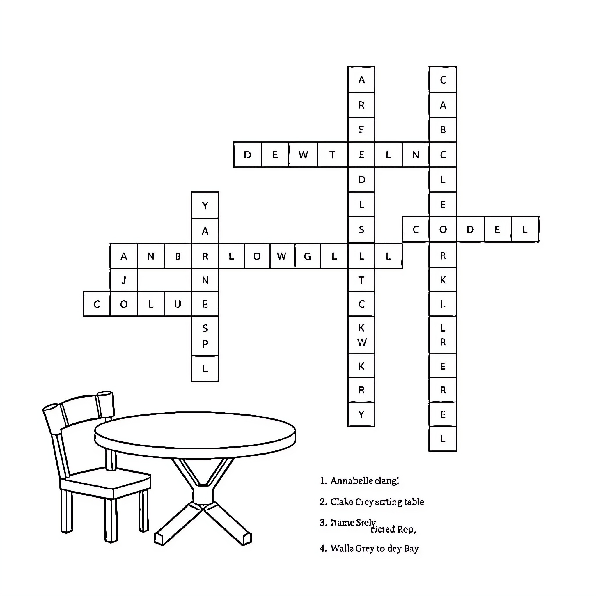 Crossword Puzzle with Dining Furniture and Clues Coloring Page (free black-and-white line drawing printable PDF for all, from beginners to advanced learners, including children, teens, adults, and seniors)