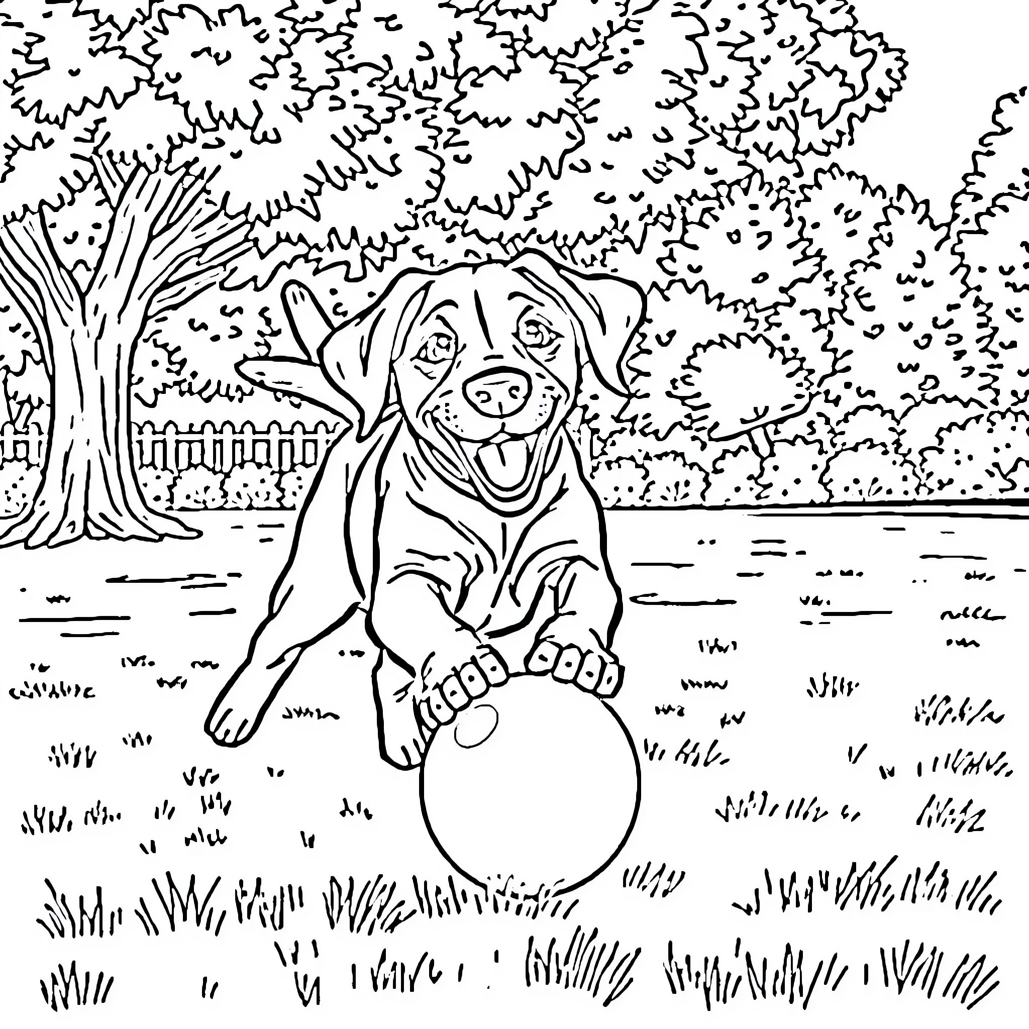 Puppy playing with a ball in a park Coloring Page (free black-and-white line drawing printable PDF for all, from beginners to advanced learners, including children, teens, adults, and seniors)