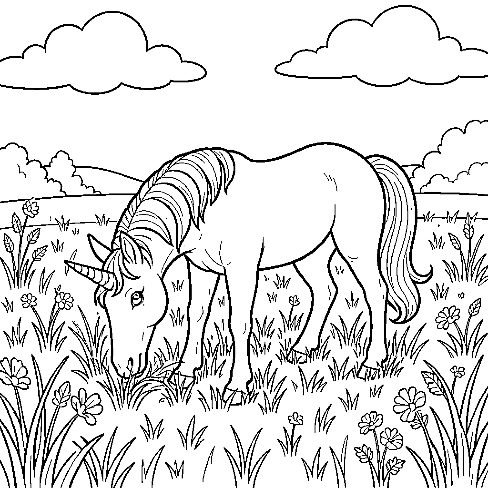 Licorne grazing peacefully in a flowery meadow Coloring Page (free black-and-white line drawing printable PDF for all, from beginners to advanced learners, including children, teens, adults, and seniors)