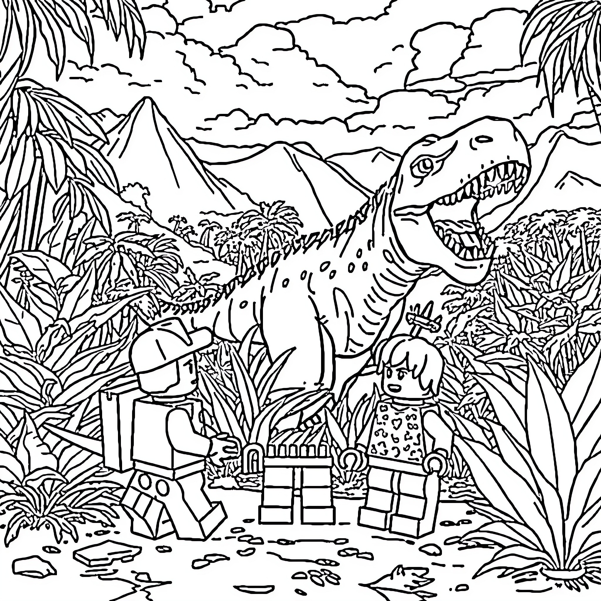 Lego Prehistoric Adventure in the Jungle Coloring Page (free black-and-white line drawing printable PDF for all, from beginners to advanced learners, including children, teens, adults, and seniors)
