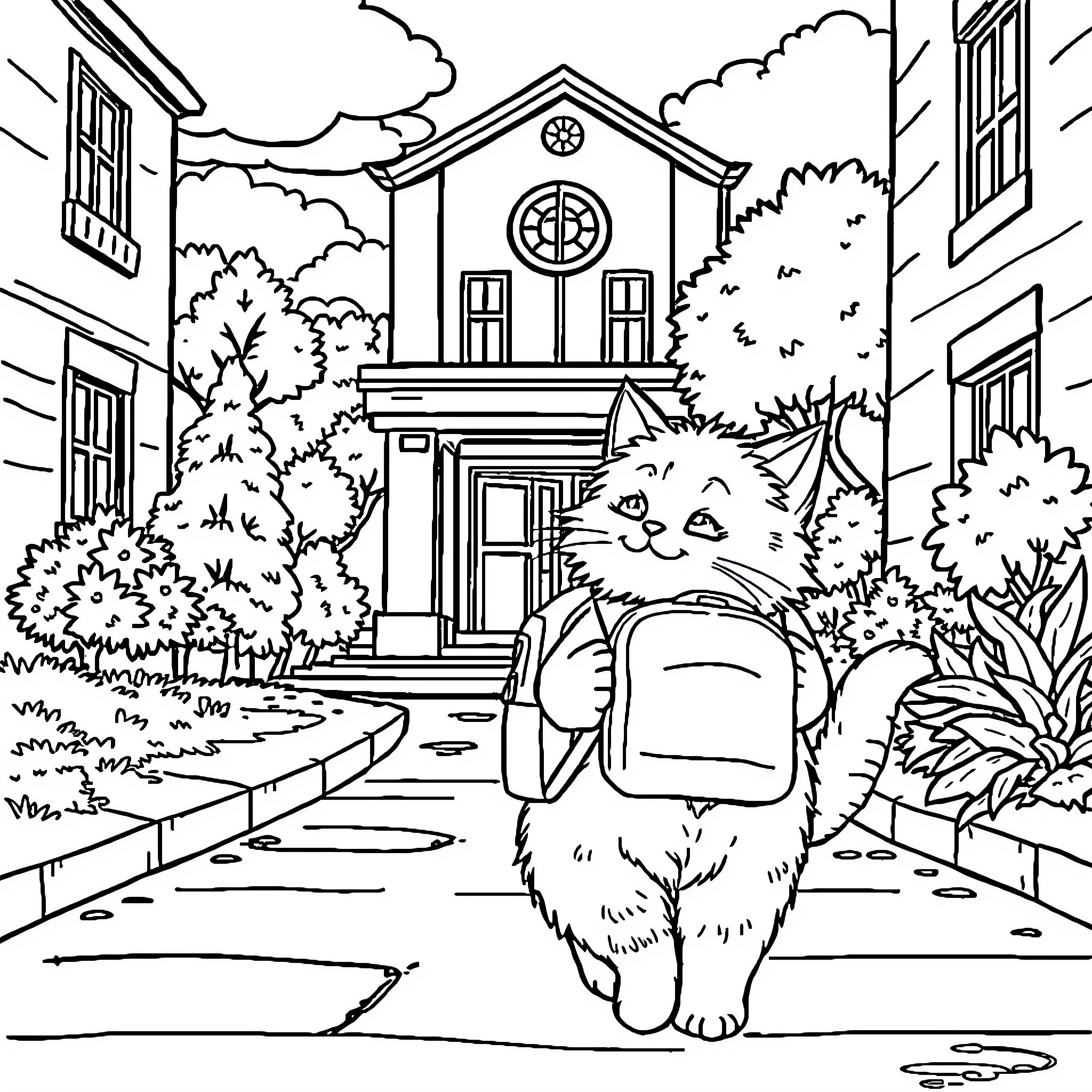 Cat exploring an enchanting country cottage Coloring Page (free black-and-white line drawing printable PDF for all, from beginners to advanced learners, including children, teens, adults, and seniors)