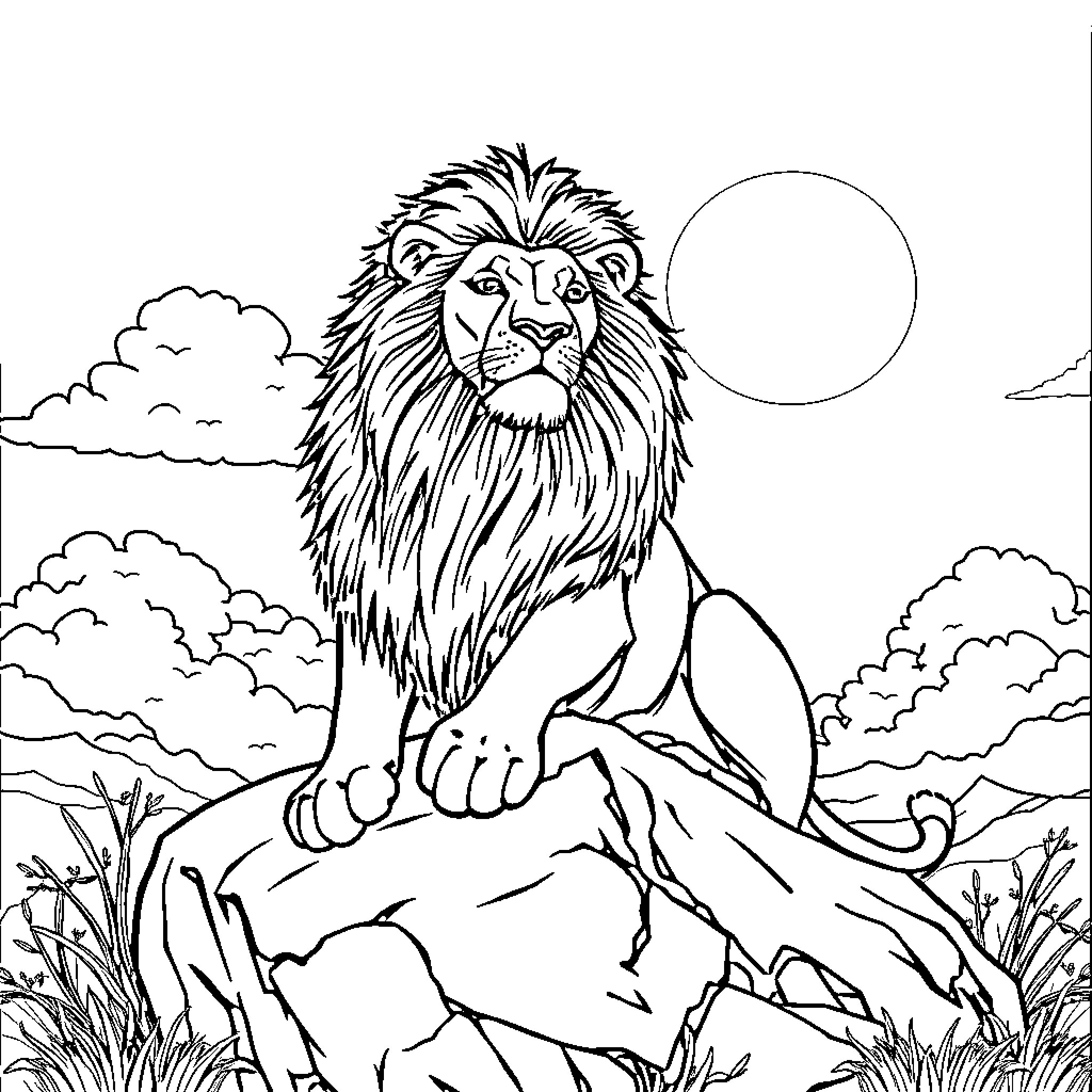Lion in serene wilderness landscape Coloring Page (free black-and-white line drawing printable PDF for all, from beginners to advanced learners, including children, teens, adults, and seniors)