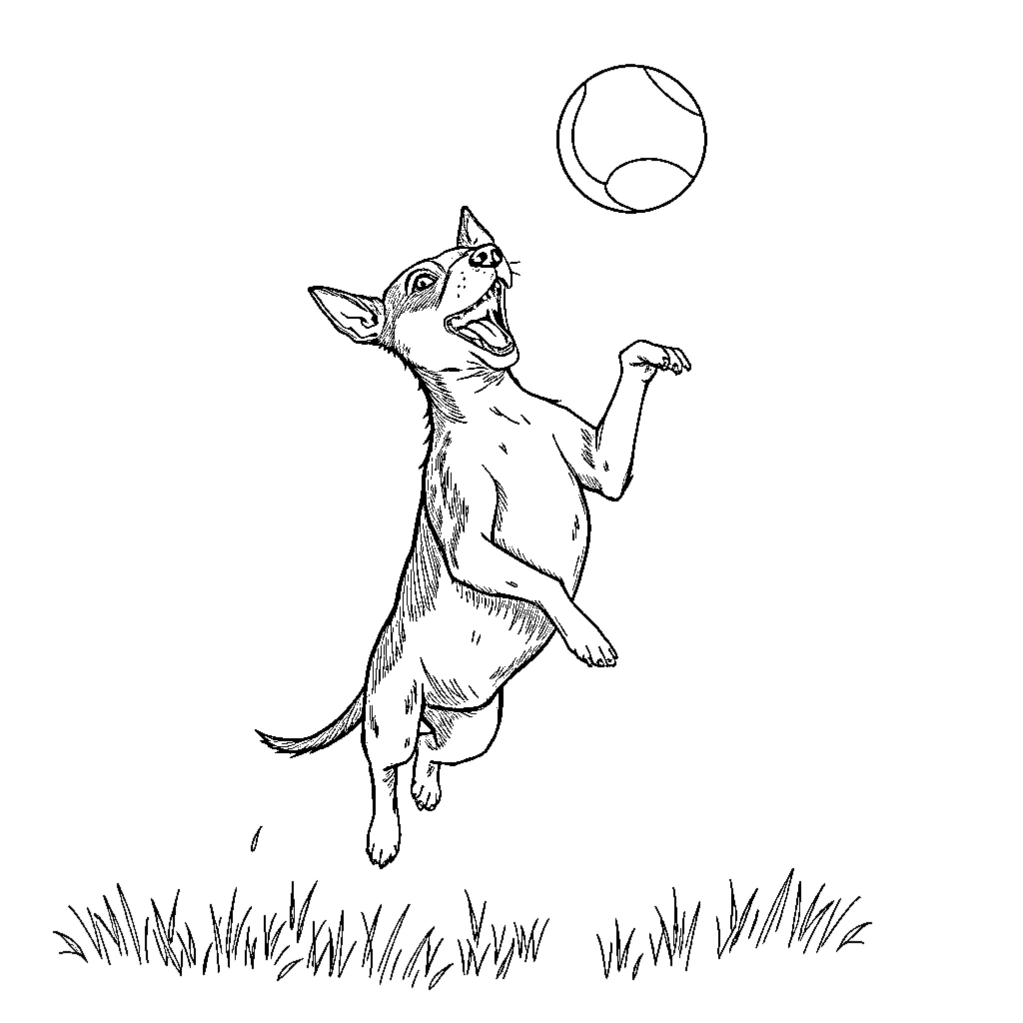 Rat Terrier playing joyfully with ball in the grass Coloring Page (free black-and-white line drawing printable PDF for all, from beginners to advanced learners, including children, teens, adults, and seniors)