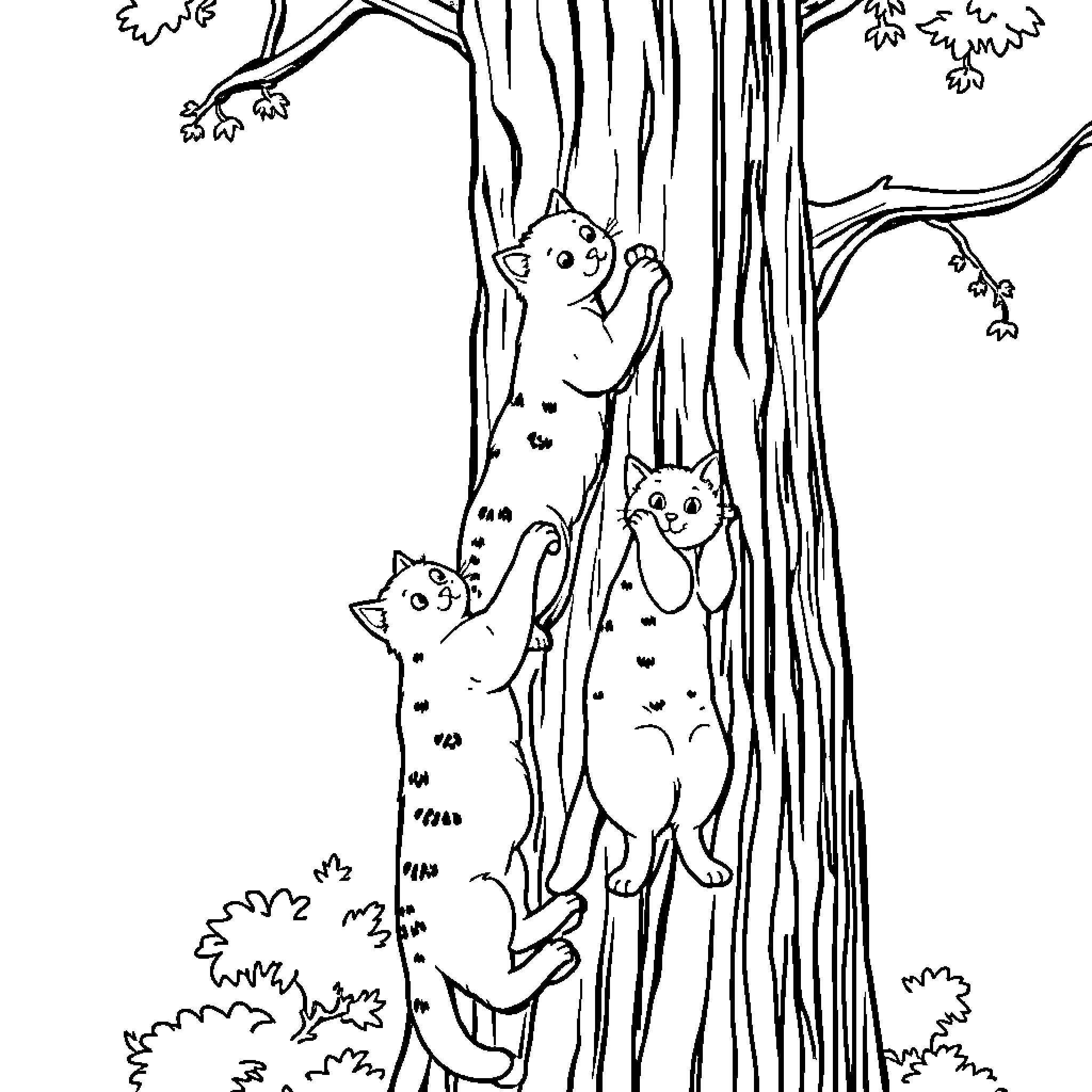 Cat playing in forest with friends Coloring Page (free black-and-white line drawing printable PDF for all, from beginners to advanced learners, including children, teens, adults, and seniors)