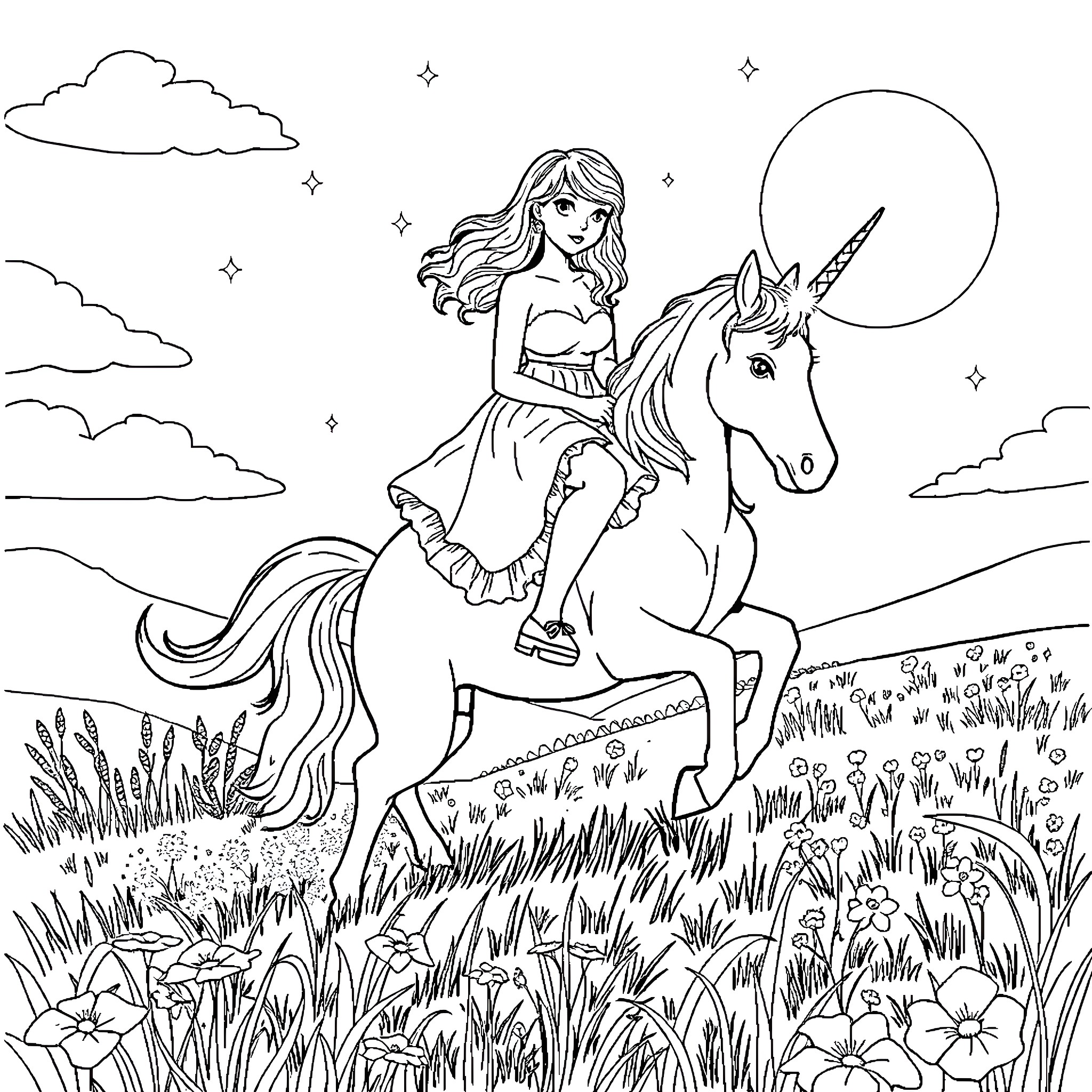 Taylor Swift riding a magical unicorn in a fantastical meadow Coloring Page (free black-and-white line drawing printable PDF for all, from beginners to advanced learners, including children, teens, adults, and seniors)
