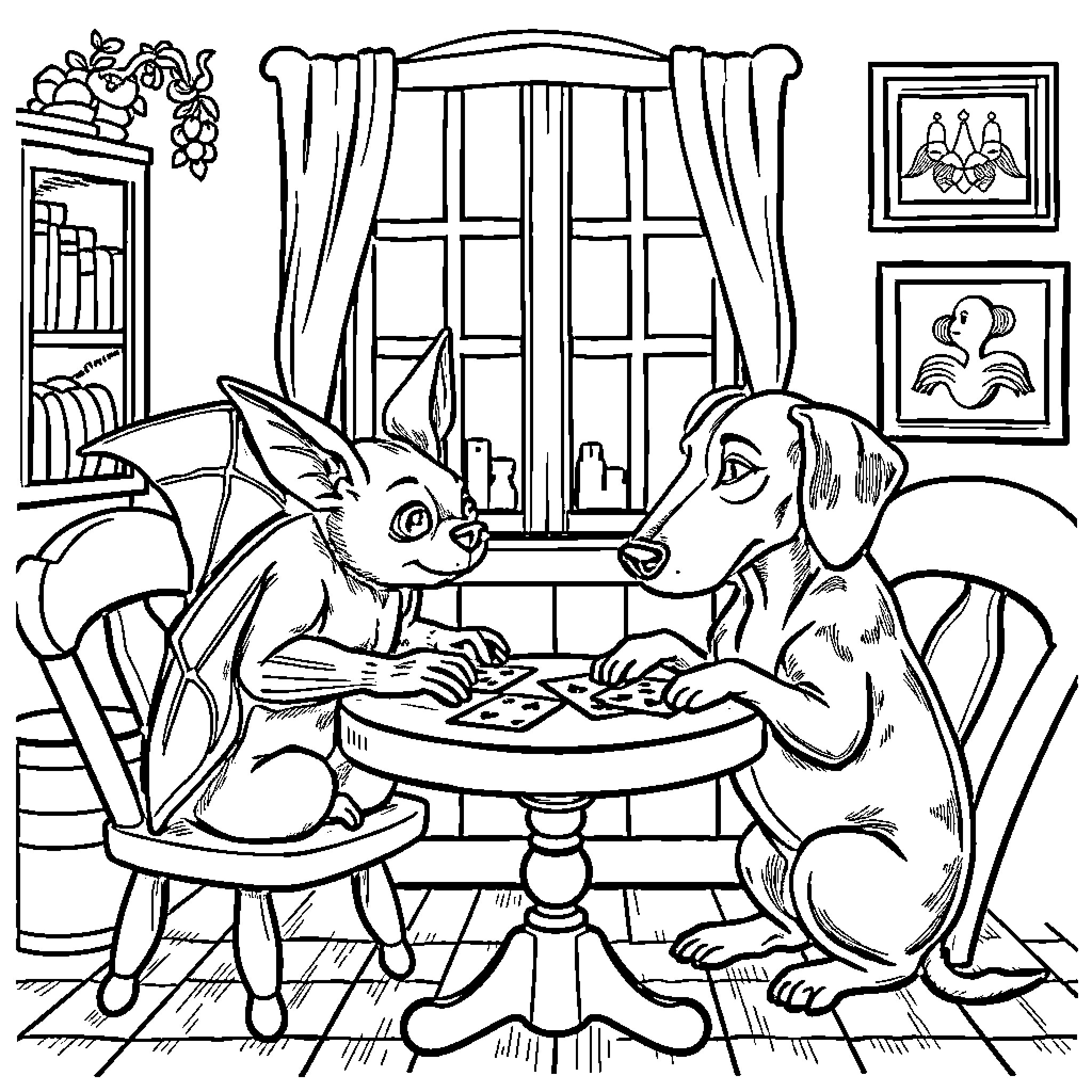Bat and dog playing game together in cozy home Coloring Page (free black-and-white line drawing printable PDF for all, from beginners to advanced learners, including children, teens, adults, and seniors)