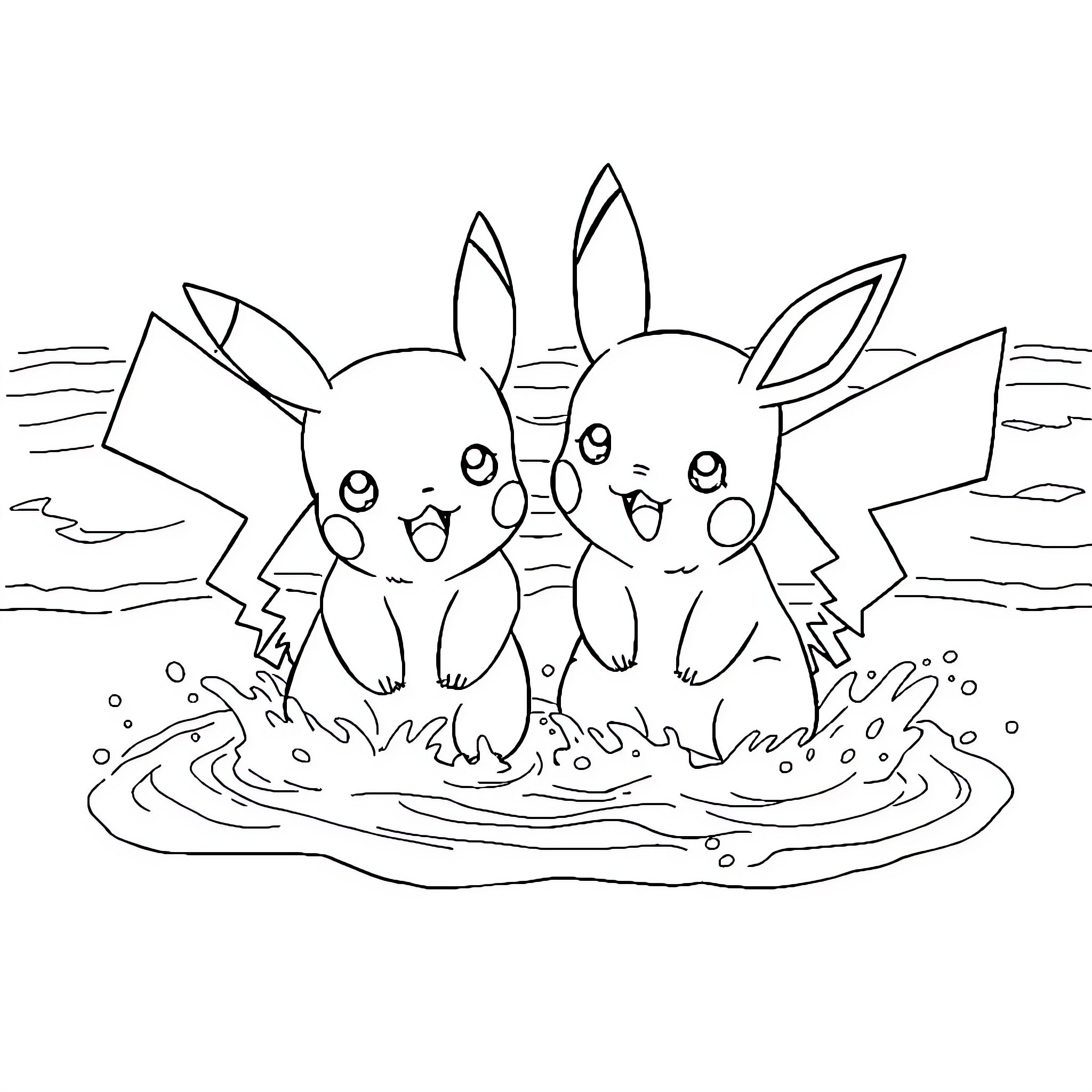 Pikachu and Raichu playing in the water Coloring Page (free black-and-white line drawing printable PDF for all, from beginners to advanced learners, including children, teens, adults, and seniors)