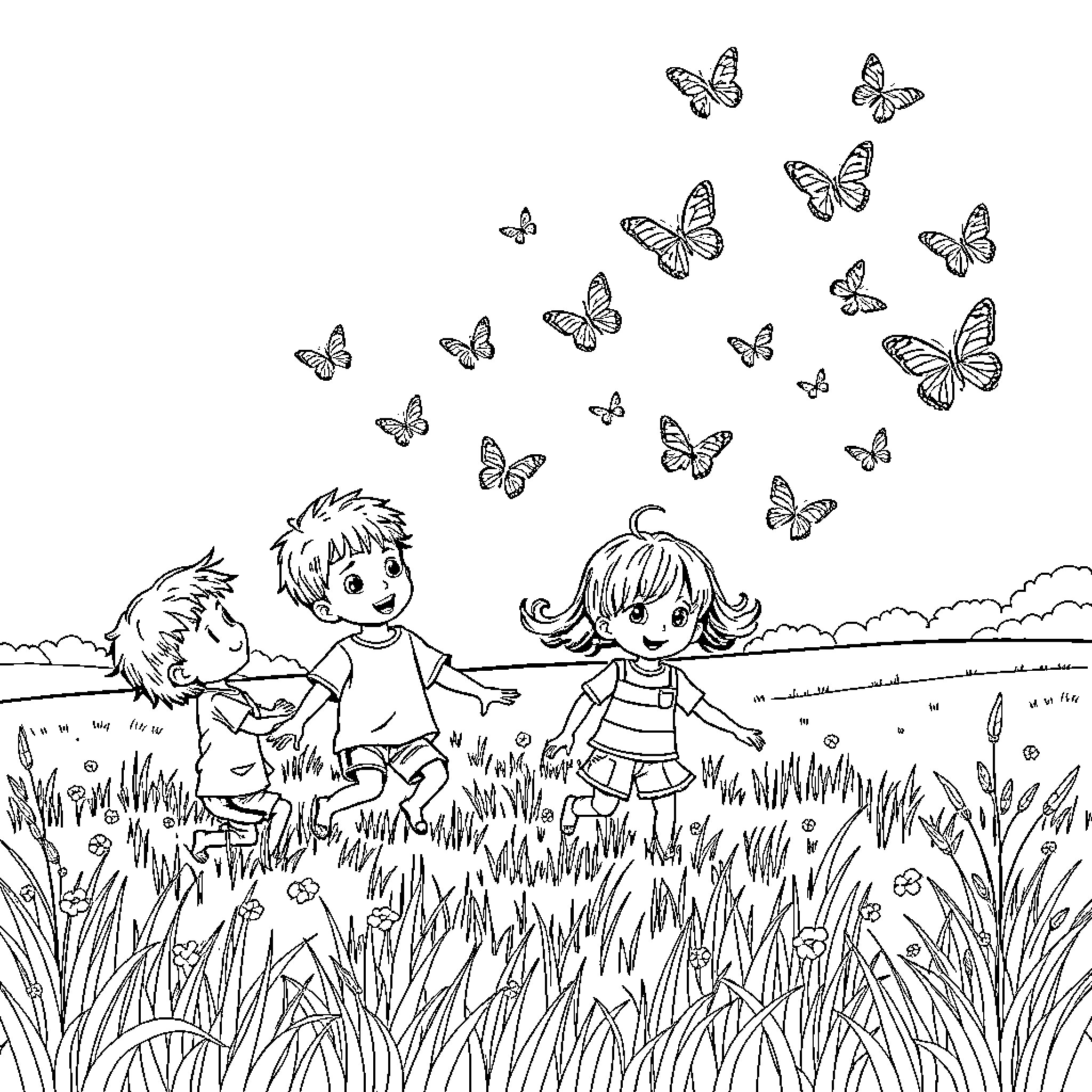 Niños jugando alegremente en el campo con mariposas Coloring Page (free black-and-white line drawing printable PDF for all, from beginners to advanced learners, including children, teens, adults, and seniors)