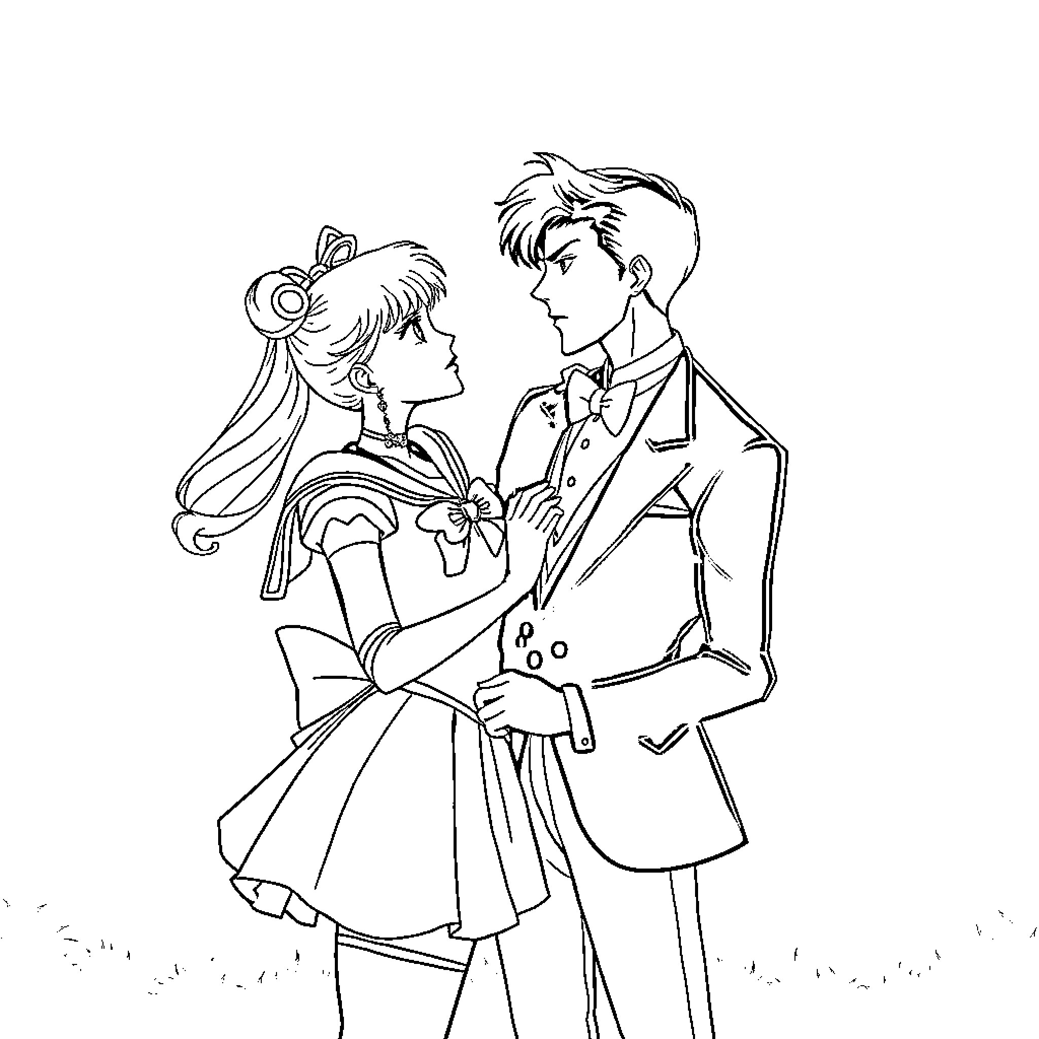 Sailor Jupiter in a romantic encounter Coloring Page (free black-and-white line drawing printable PDF for all, from beginners to advanced learners, including children, teens, adults, and seniors)