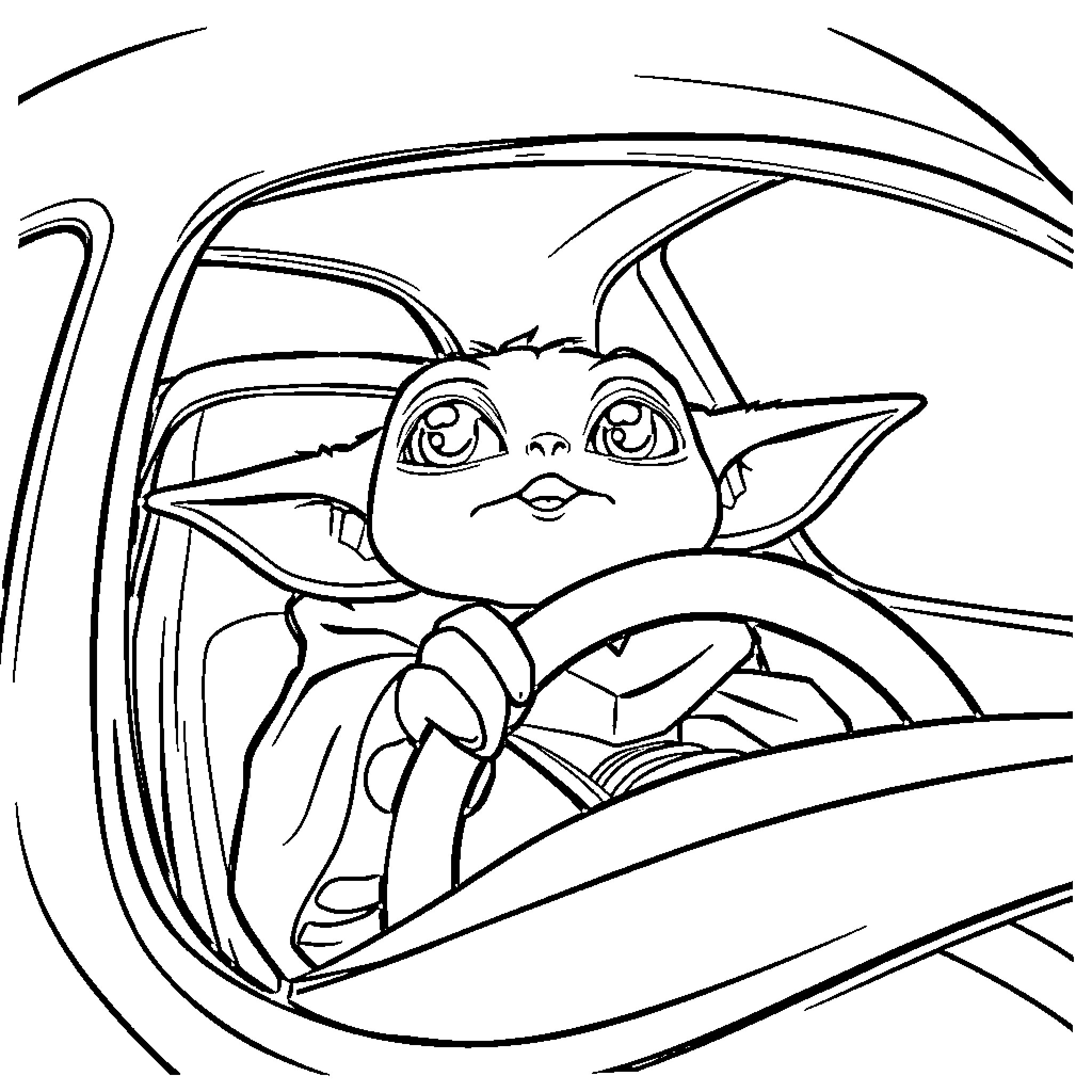 Baby Yoda driving a speeder through the galaxy Coloring Page (free black-and-white line drawing printable PDF for all, from beginners to advanced learners, including children, teens, adults, and seniors)