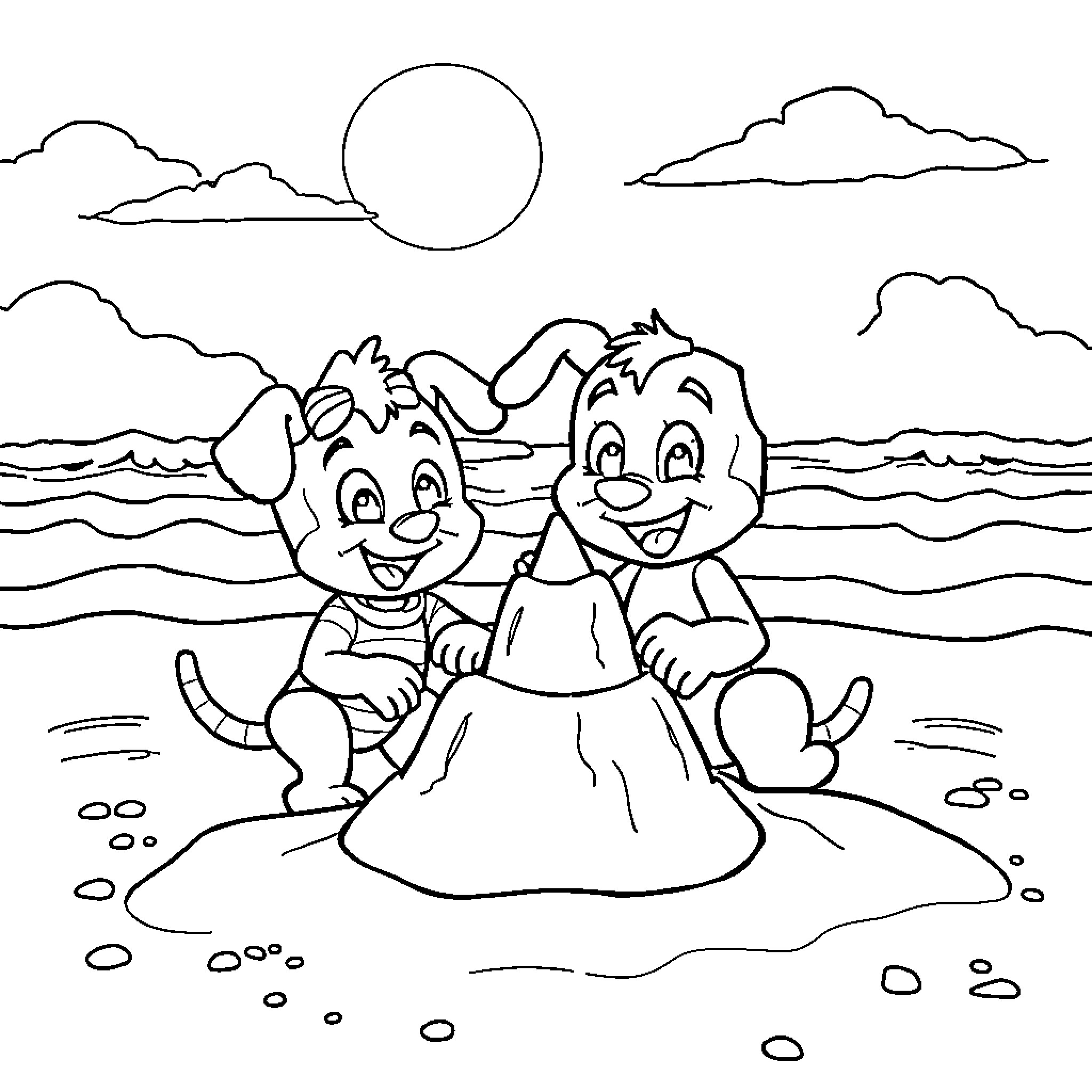 Bluey and Friends Playing on the Beach Coloring Page (free black-and-white line drawing printable PDF for all, from beginners to advanced learners, including children, teens, adults, and seniors)