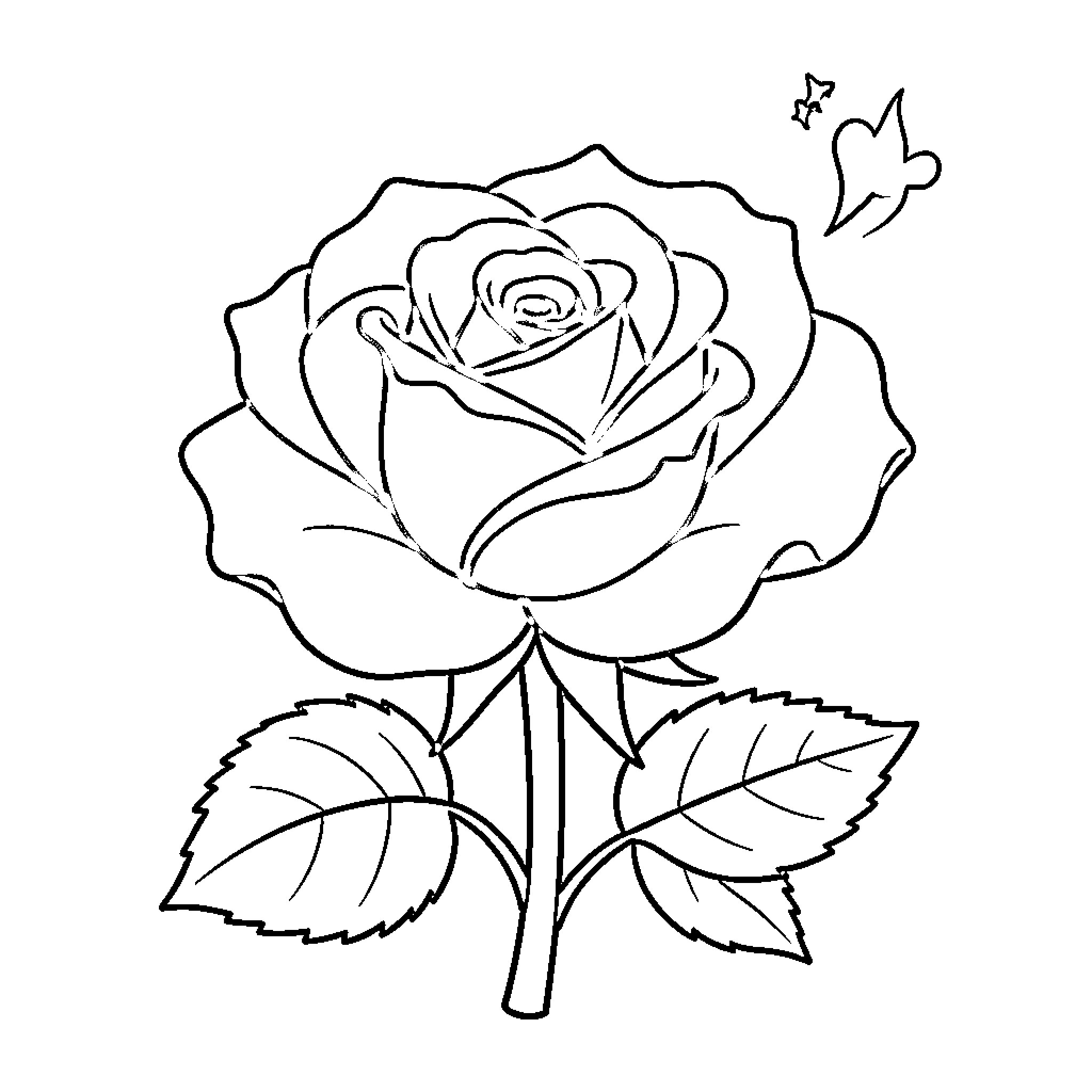 Rose blooming with butterflies Coloring Page (free black-and-white line drawing printable PDF for all, from beginners to advanced learners, including children, teens, adults, and seniors)