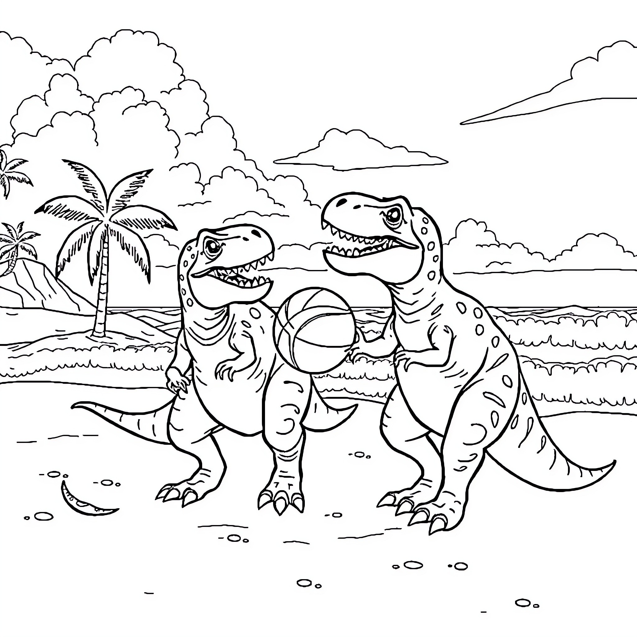 T-Rex Dinosaurs in Tropical Landscape Coloring Page (free black-and-white line drawing printable PDF for all, from beginners to advanced learners, including children, teens, adults, and seniors)