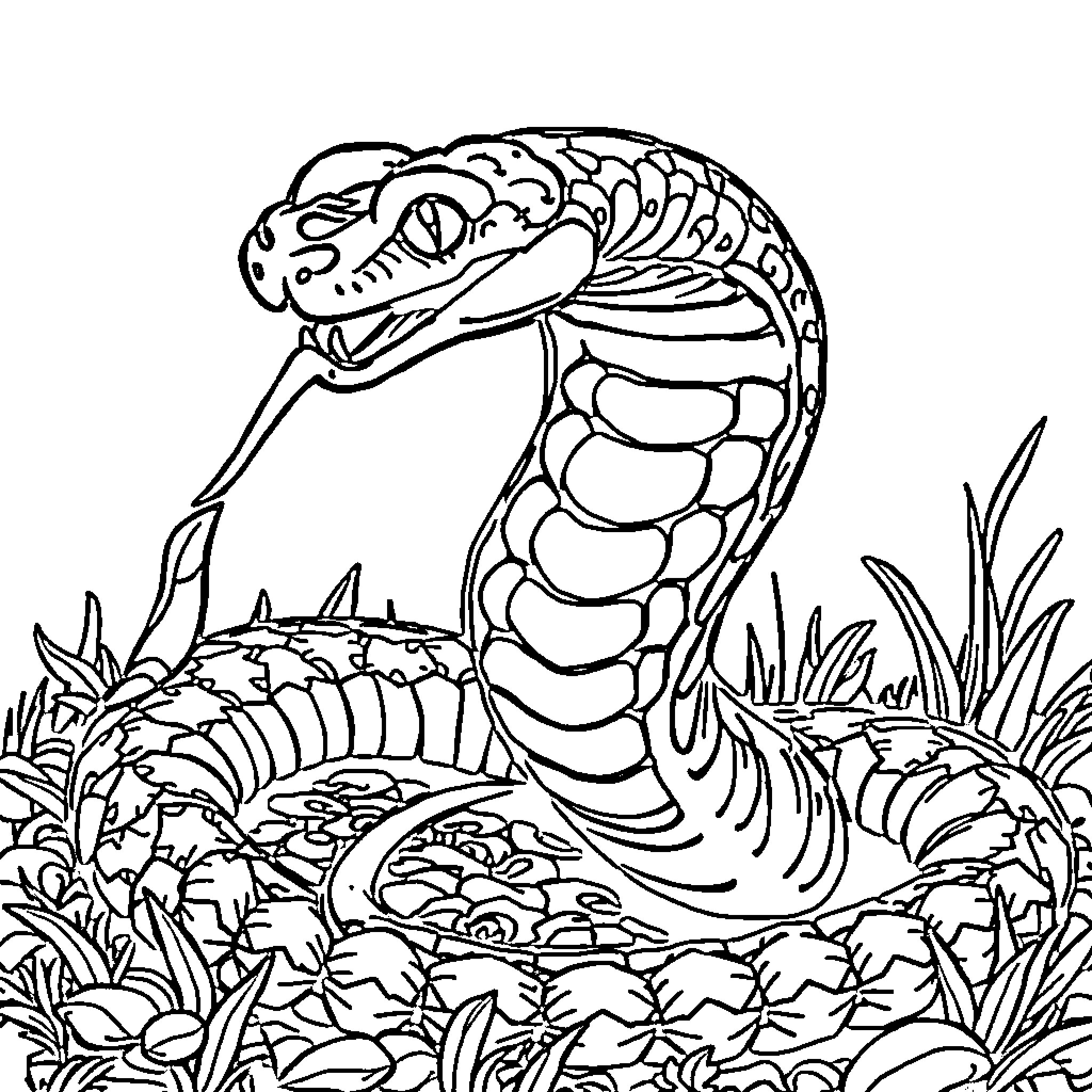 Serpent slithering through the undergrowth Coloring Page (free black-and-white line drawing printable PDF for all, from beginners to advanced learners, including children, teens, adults, and seniors)