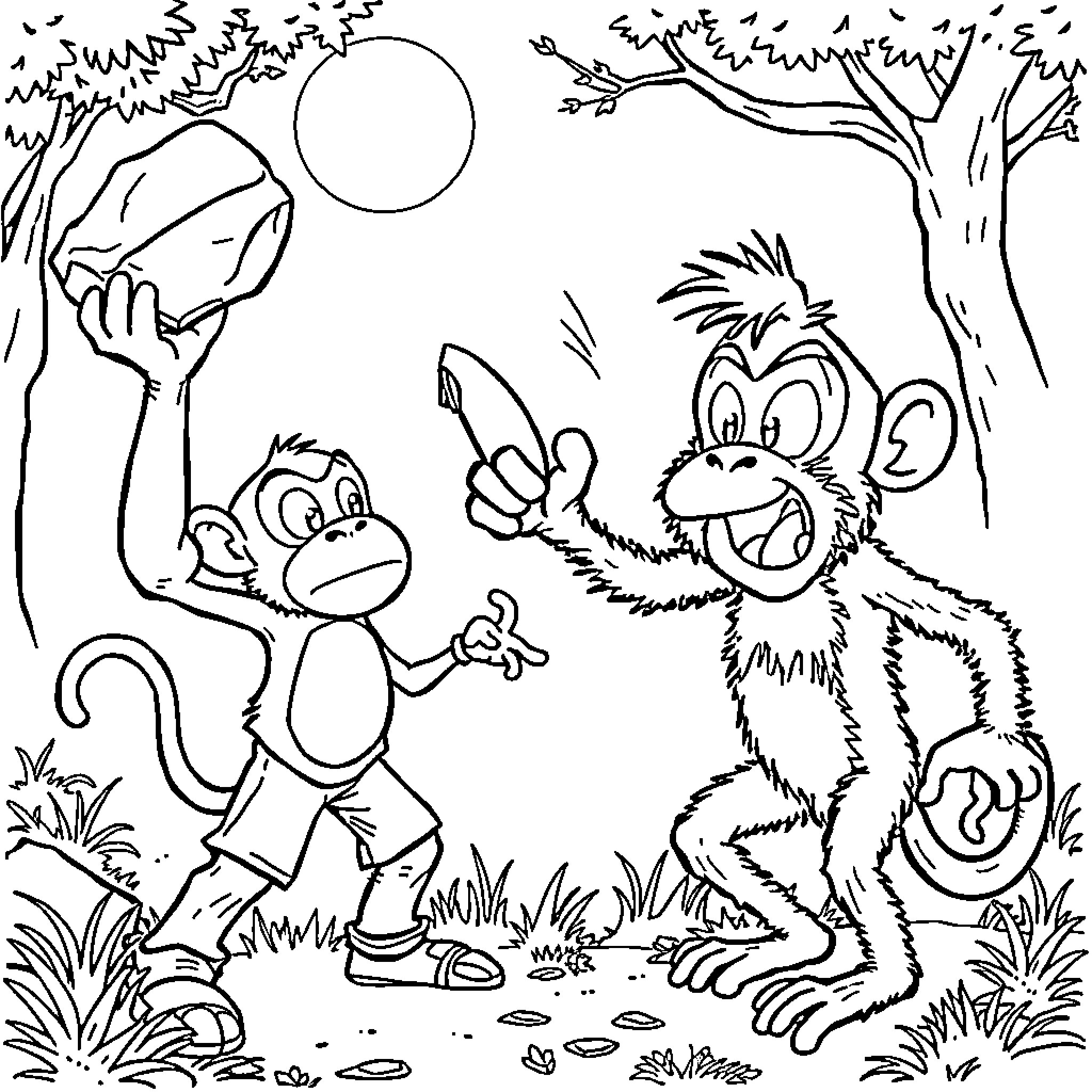 Man playing with monkeys in the forest Coloring Page (free black-and-white line drawing printable PDF for all, from beginners to advanced learners, including children, teens, adults, and seniors)